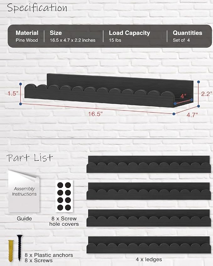 Harwaya Black Floating Nursery Wall Book Shelves Set of 4, Scalloped Shelves