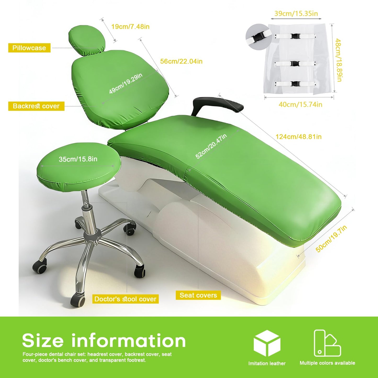 buyzg 5Pcs Dental Chair Covers Set - Waterproof & Non-Slip PU Leather Elastic Full Covers with Foot, Seat, Headrest & Backrest Protectors for Dental Clinic Chairs(Green)