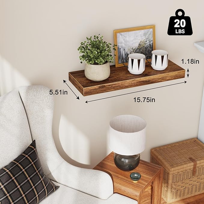 Fixwal Floating Shelves for Wall, 15.7" Wood Wall Mounted Shelves for Living