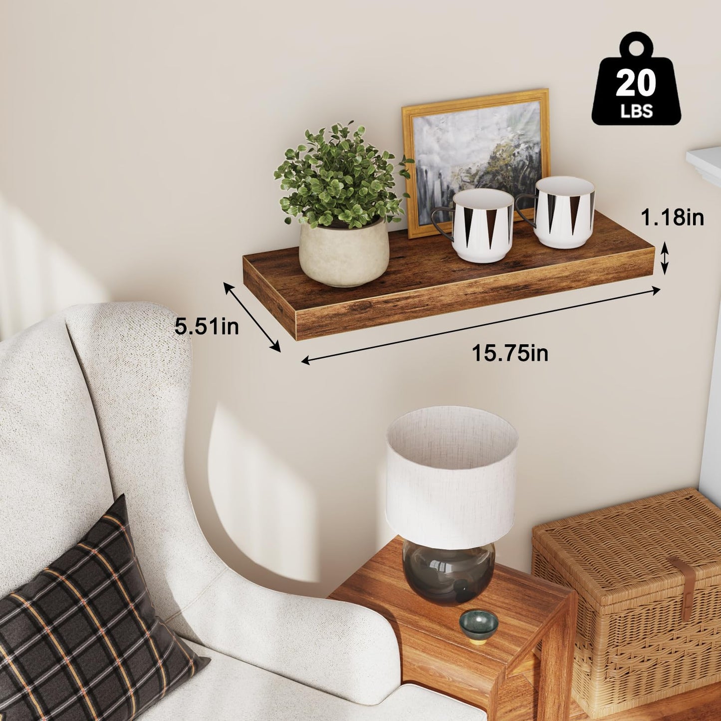 Fixwal Floating Shelves for Wall, 15.7" Wood Wall Mounted Shelves for Living Room, Bedroom, Bathroom and Kitchen, for Storage, Books, Room Decor (Rustic Brown, Set of 2)
