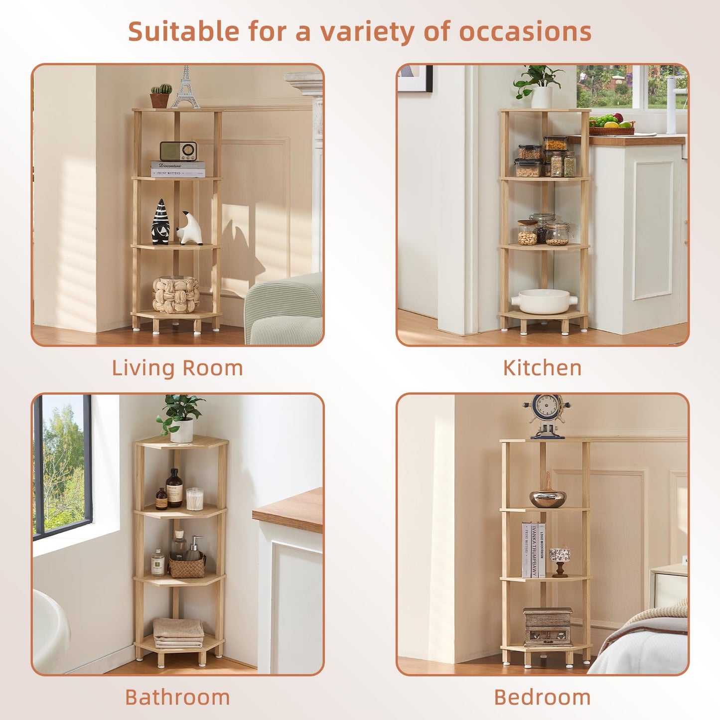 YUFAM 4-Tier Corner Shelf with Sturdy 5-Leg Base, Wooden Corner Bookshelf for Small Spaces, Corner Standing Shelf for Living Room, Bedroom, Bathroom, Natural