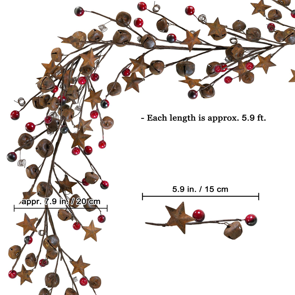 Winlyn 5.9 Ft Rustic Jingle Bells Garland with Metal Stars and Burgundy Berries Primitive Christmas Garland for Holiday Farmhouse Country Home Wreath Xmas Tree Table Centerpiece Wall Mantel Door Décor