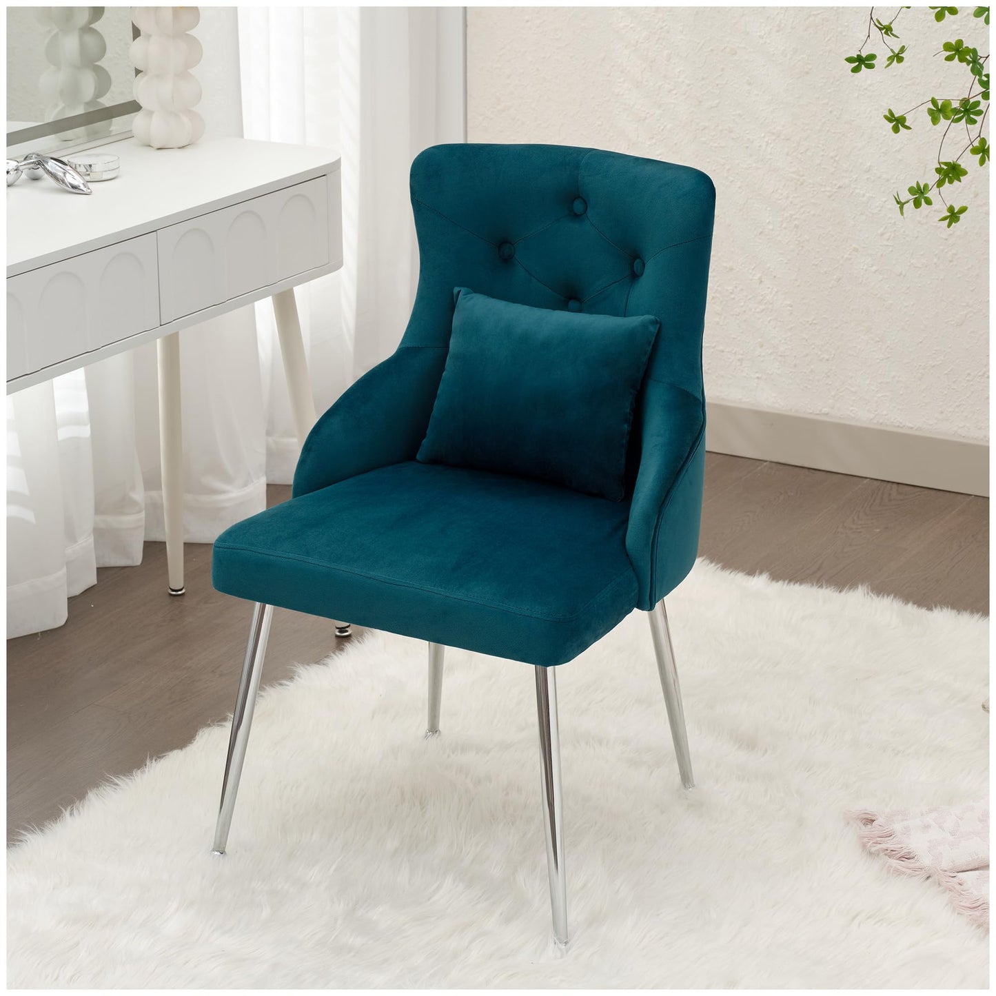 UDAX Velvet Vanity Makeup Dining Chairs, Upholstered Accent Reading Chair, Offiice Desk Vanity Stool Chairs with Tufted Back for Bedroom, Living Room, Teal
