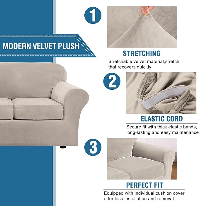 H.VERSAILTEX High Stretch Sofa Slipcover 4 Piece Cover Velvet Furniture
