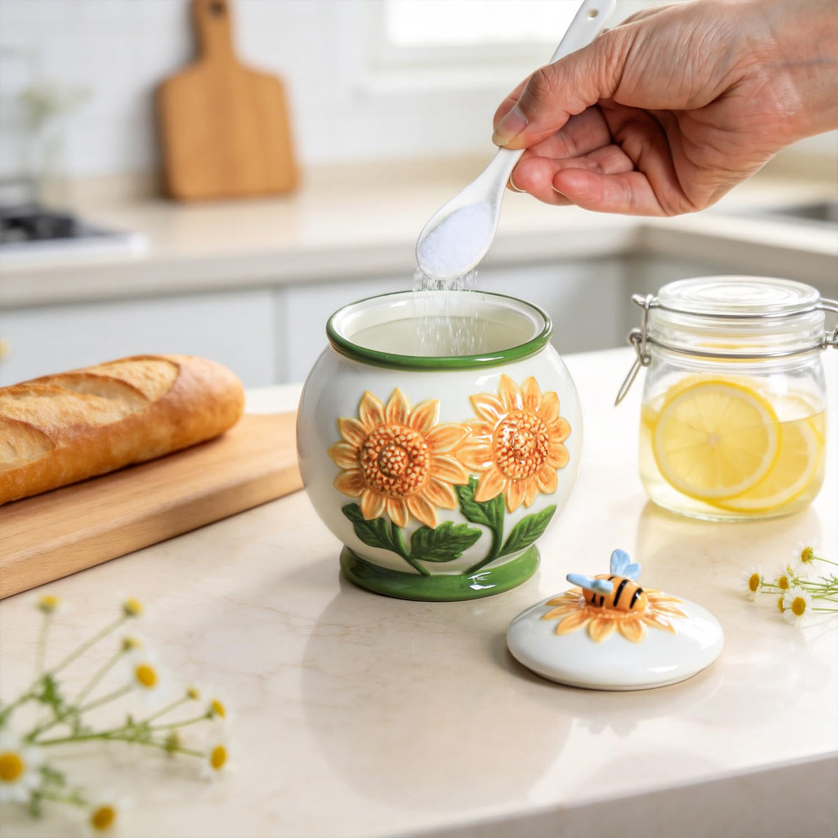 WAIT FLY Embossed Sunflower and Bee Ceramic Sugar Bowl with Lid and Spoon, Sugar Container, Sugar Jar for Kitchen Countertop, Coffee Bar-A