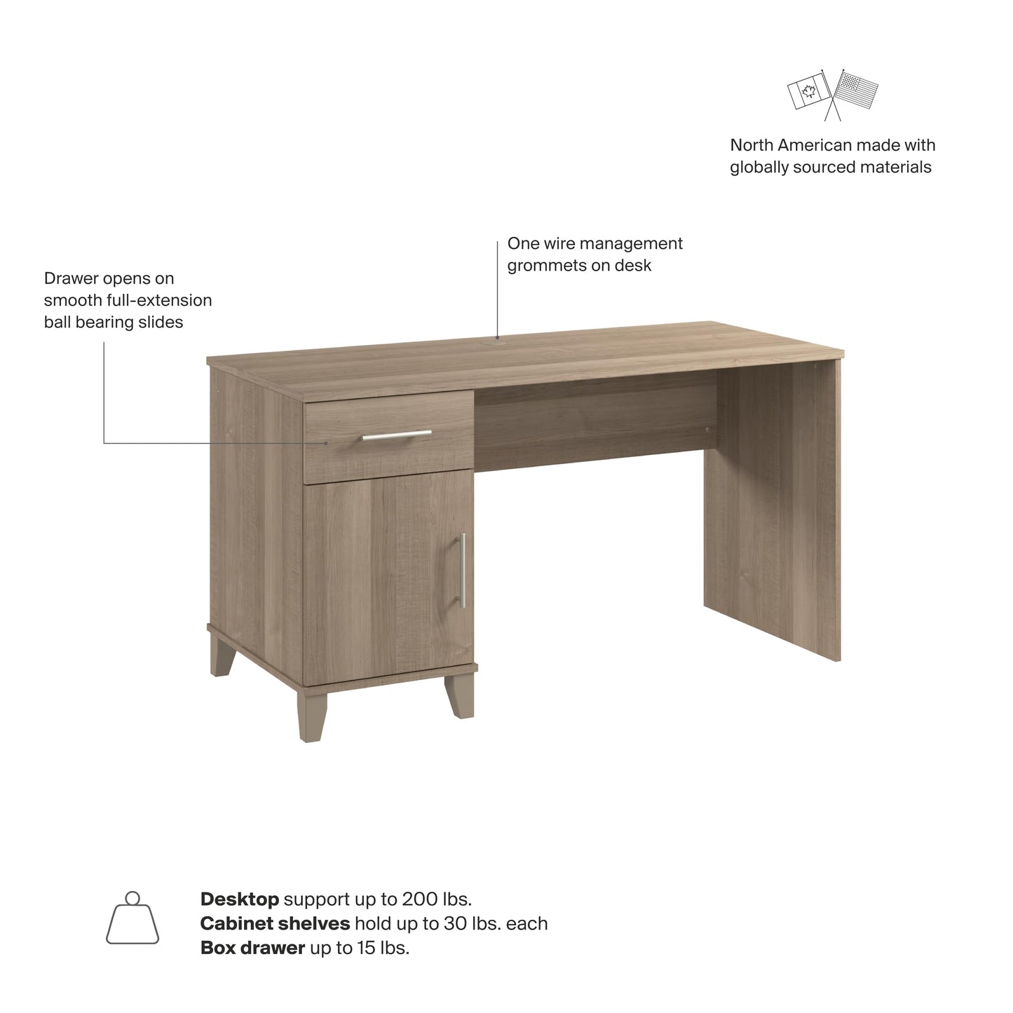 Bush Home 54-Inch Office Desk with Drawer and Storage Cabinet, Computer Desk with Box Drawer and Adjustable Shelf, Home Office Workstation Furniture, Somerset Collection, Ash Gray