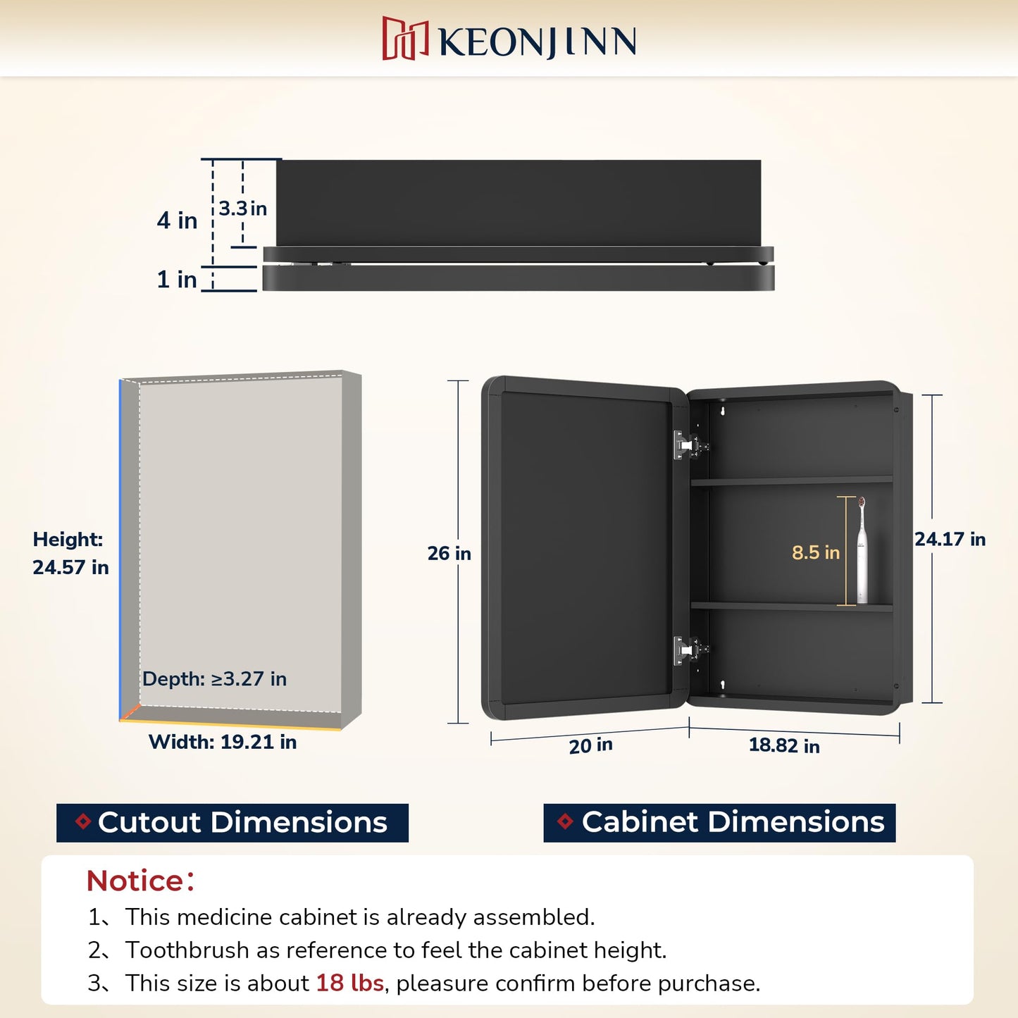 Keonjinn 20 x 26 Inch Brushed Nickel Recessed Medicine Cabinets, Bathroom Mirrored Medicine Cabinet, Brushed Nickel Stainless Steel Framed, Adjustable Shelves, In Wall or Surface Mount, Sturdy, Modern