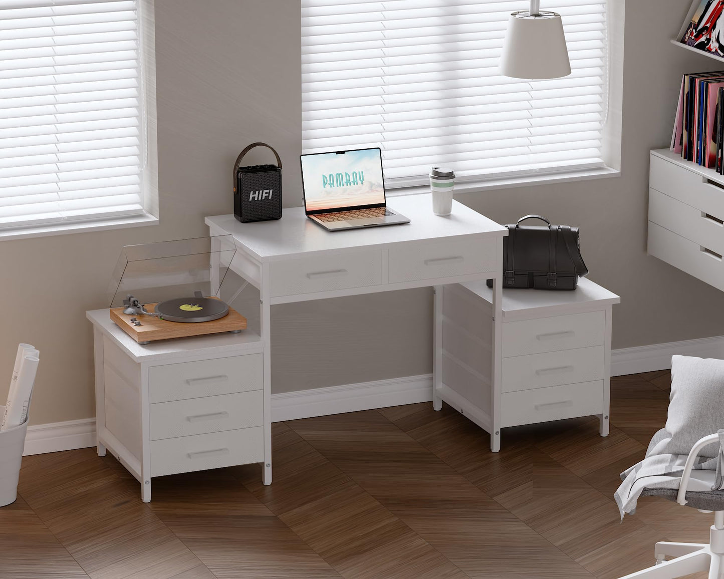 Pamray 63 Inch Computer Desk with 8 Drawers and Printer Shelves for Office