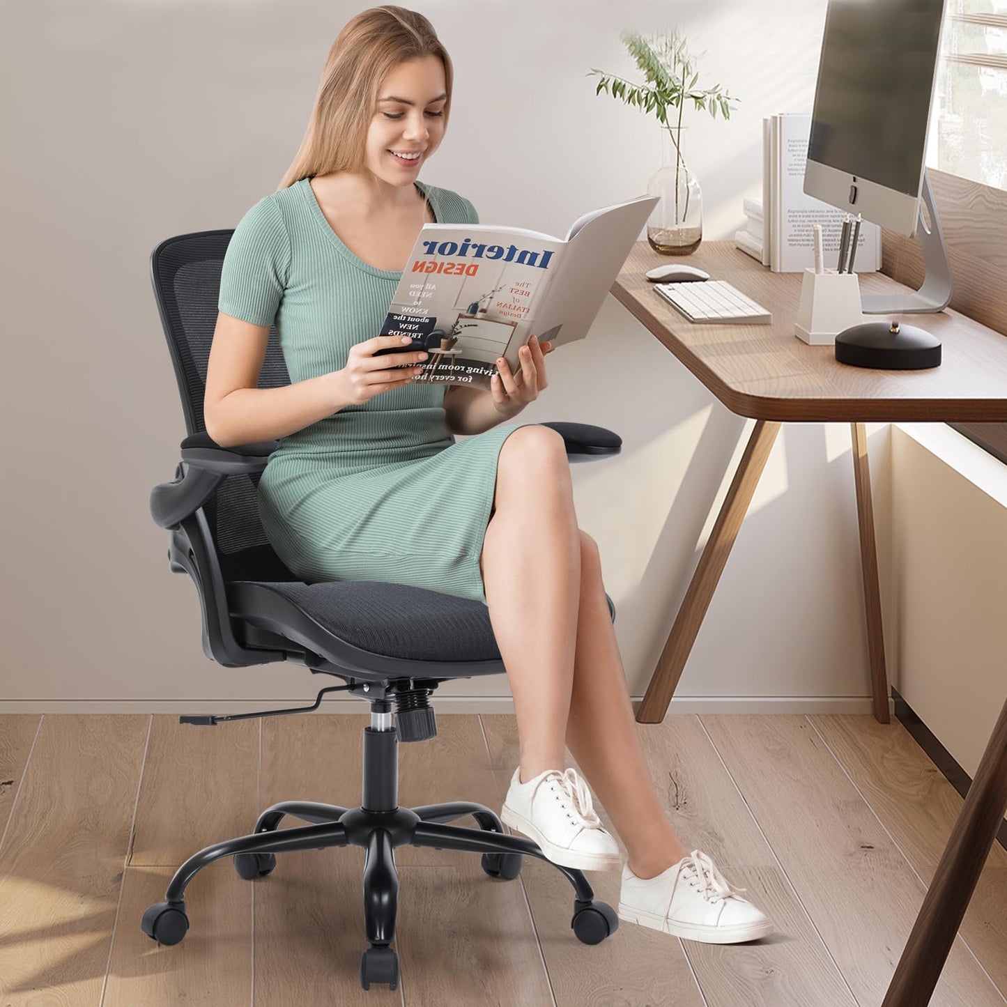 Ergonomic Office Chair with Flip-up Arms, Space Saving Mesh Desk Chair with Adjustable Lumbar Support & Headrest, Breathable Executive Computer Chair, Heavy Duty Swivel Task Chair 300LBS