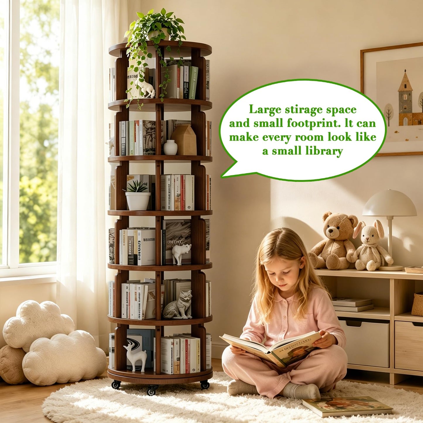 Azlafu 6 Tier 360° Rotating Solid Wood Bookshelf with Wheels, Lazy Susan Circular Spinning Revolving Corner Bookcase, Freestanding Storage Shelf for Bedroom Small Space, Walnut