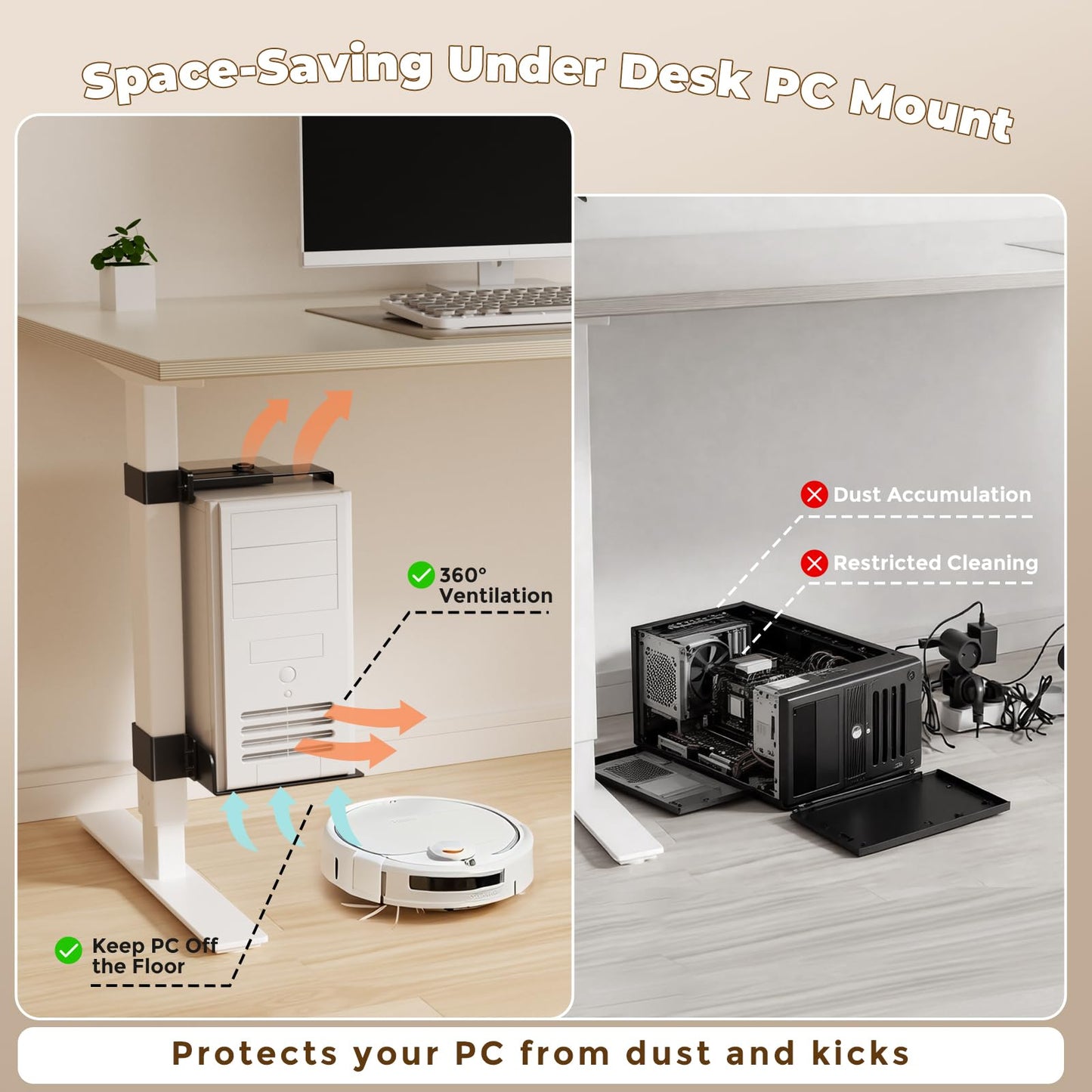 Under Desk PC Mount & CPU Holder, No-Drill Clamp-On Stand for Standing Desk (Fits 75x45mm Square Legs), Adjustable Steel Computer Tower Holder, Heavy-Duty 40lbs/18kg, Black