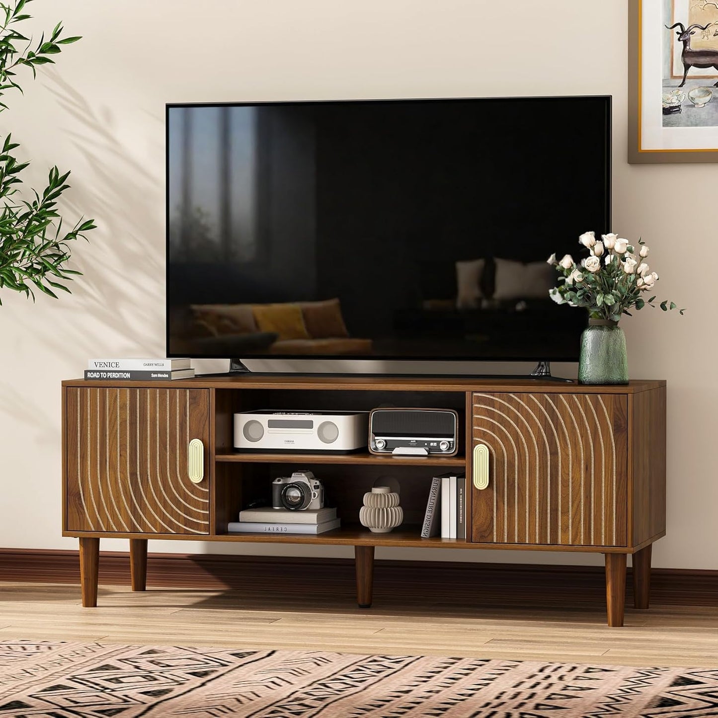 Algherohein 47" TV Stand for TVs up to 55 Inch, Entertainment Center with Storage and Adjustable Shelves, Modern Media Console for Living Room, Walnut