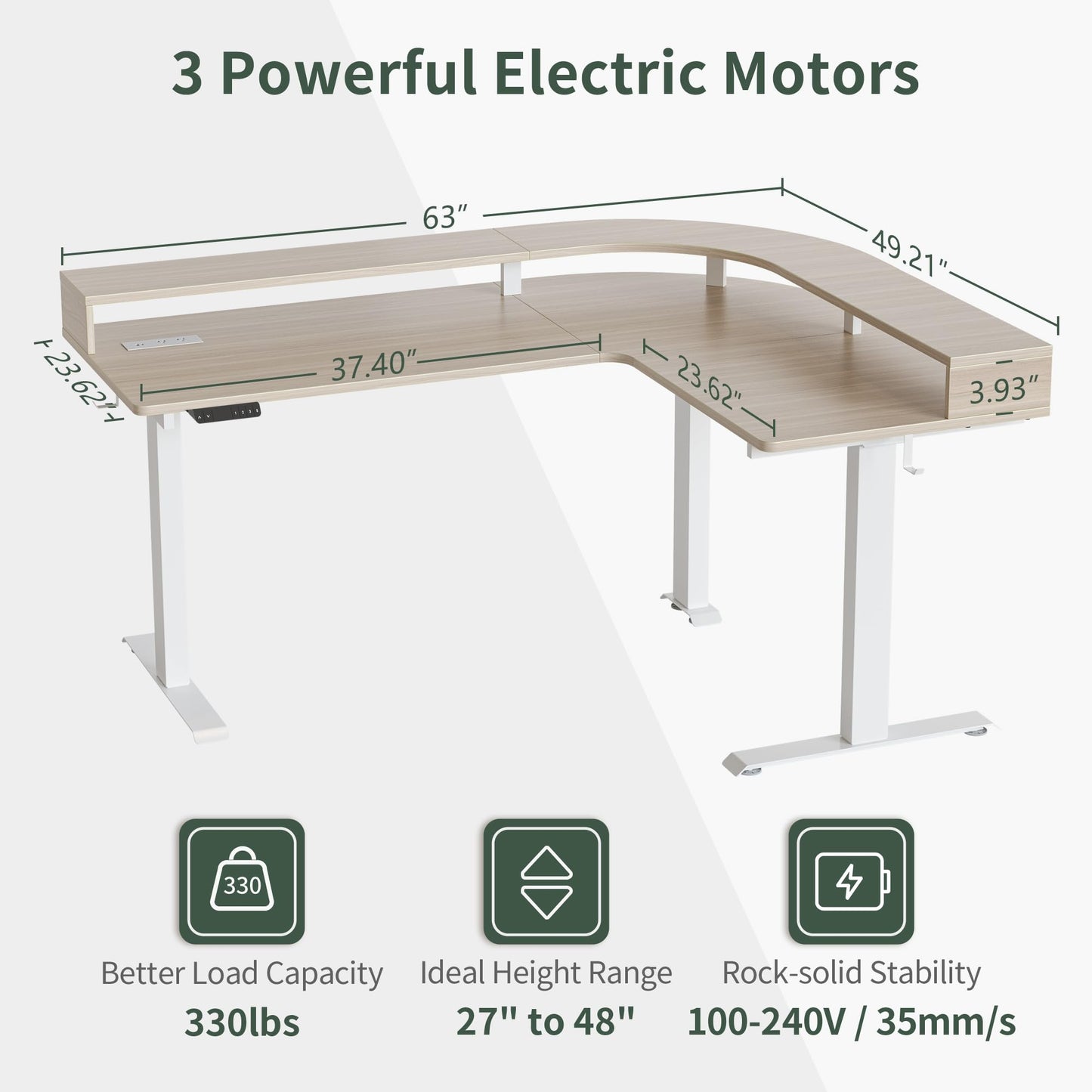 FEZIBO 63"x49" L Shaped Standing Desk with Arc LED & Power Outlet, Electric Height Adjustable L Shaped Computer Desk with Monitor Stand, for Gaming Office, Light Walnut