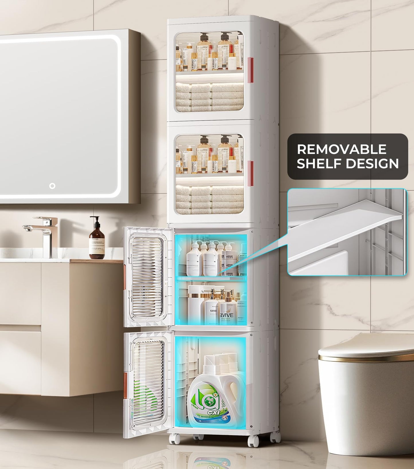 BUMODEL 4-Tier Tall Narrow Bathroom Storage Cabinet with Doors and Adjustable Shelves Slim Foldable Cabinets with Wheels Small Spaces Plastic Organizers for Kitchen Laundry Room Bedroom Pantry,White