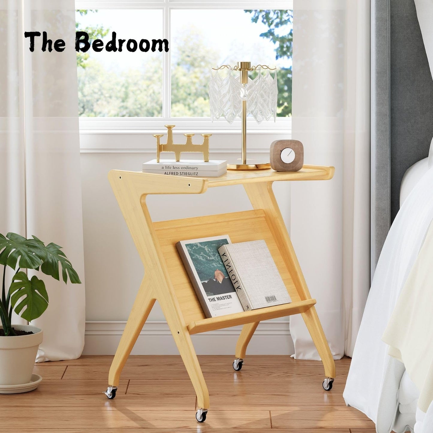 Auroral Zone Solid Wood 2-Tier Rolling Side Table with Lockable casters, Mobile Small End Table with Magazine Rack for Living Room, Bedroom & Sofa