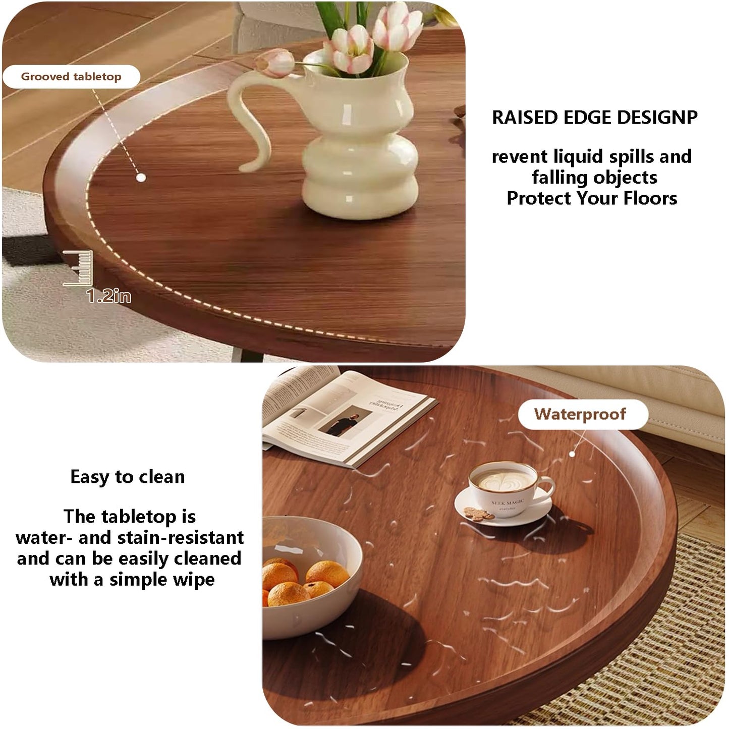 GTIWROTN Small Round Coffee Table, Wooden Surface Top & Sturdy Metal Legs Coffee Table with Fluted, End Table for Living Room Bedroom Office Balcony Yard (Walnut, 20 inches)