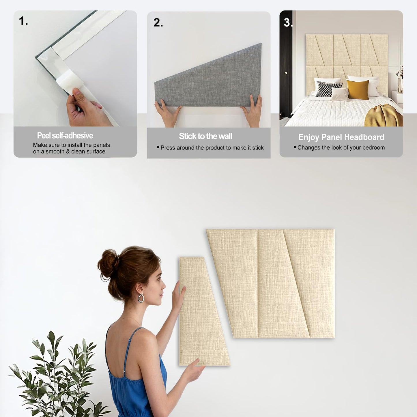 peaudny Peel and Stick Headboard for King Bed Linen Fabric Upholstered Wall Mounted Headboard - Wall Padding Panel in Beige for Bedroom/Living Room/Dorm (8 Panels)