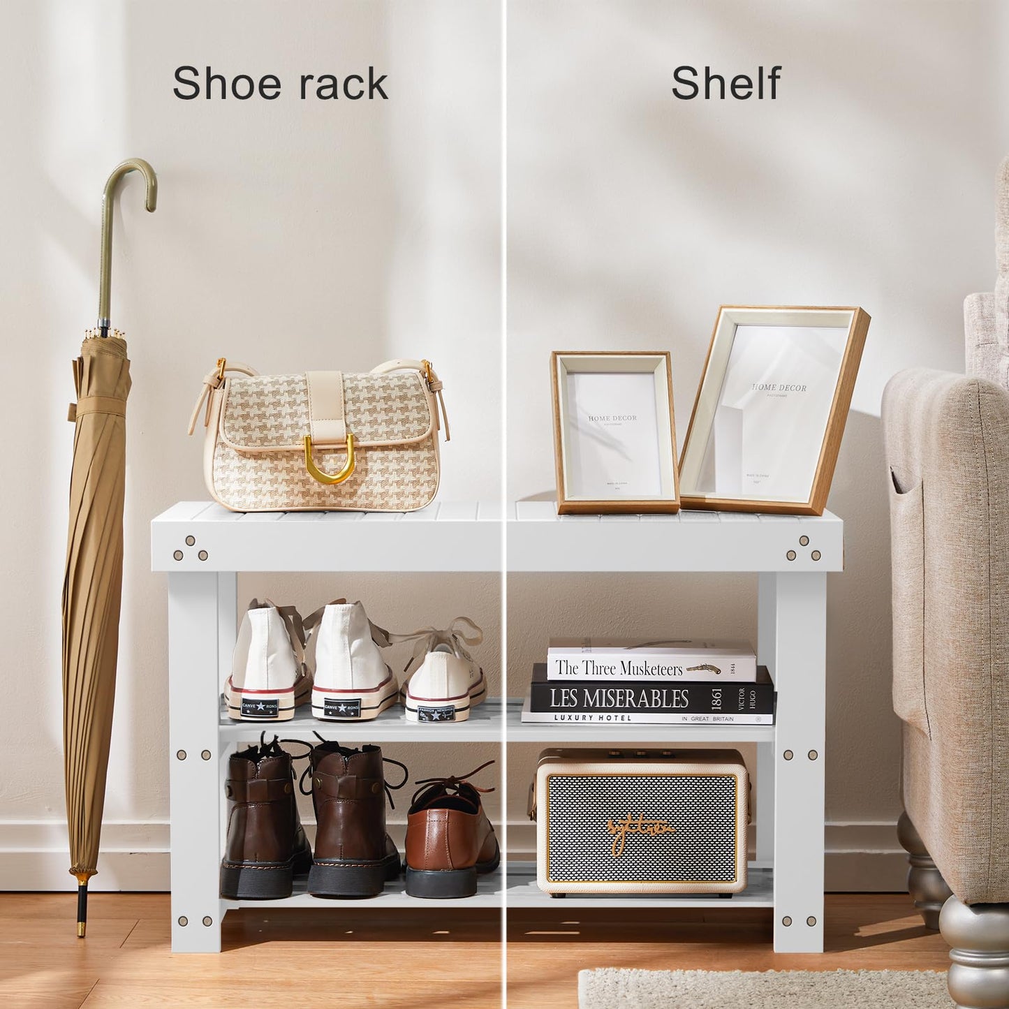 Pipishell Bamboo Shoe Rack Bench, 3-Tier Sturdy Shoe Organizer, Storage Shoe Bench, Holds up to 300lbs for Entryway Bedroom Living Room Balcony (White)