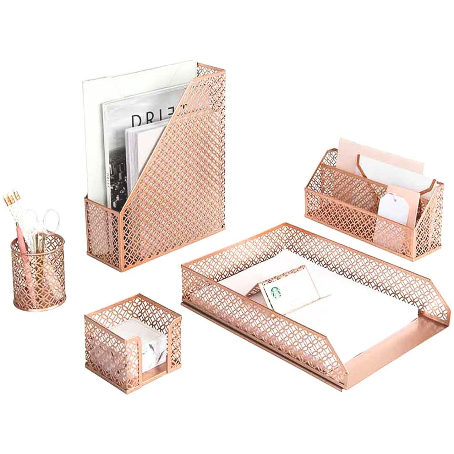 BLU MONACO | Rose Gold Desk Organizer Set | 6 Piece Metal Office Desk Organizer with Mail Sorter, Pen Cup, Sticky Note Holder, Magazine File, Card Holder, Paper Tray | Desk Organizers and Accessories