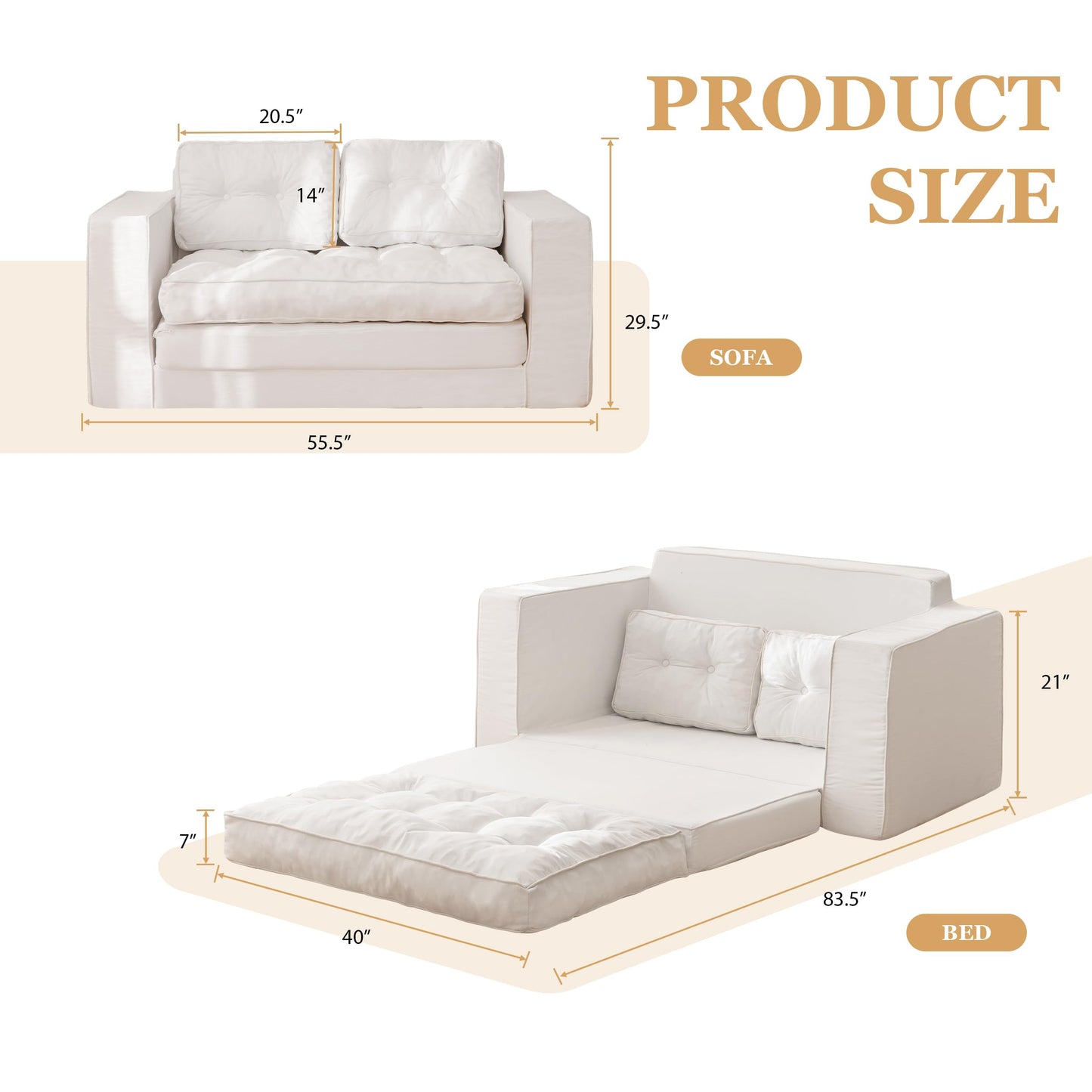YOSHOOT Loveseat Boneless Couch,55" Convertible Sofa Bed Futon Couches for Living Room,3-in-1 Pull Out Floor Couch with Backrest and Pillows, White