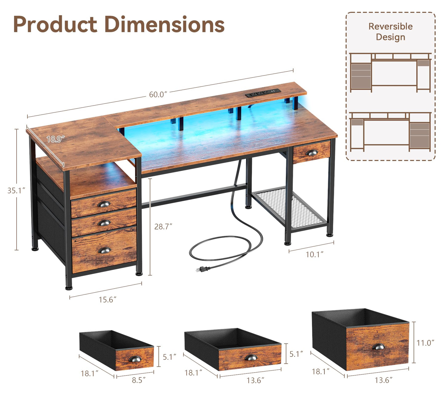 Furologee 60" Computer Desk with File Cabinet and Storage Shelves, Reversible Home Office Desk with LED Lights, Full Monitor Stand, Power Outlets, Study Gaming Table with 4 Drawers, Rustic Brown