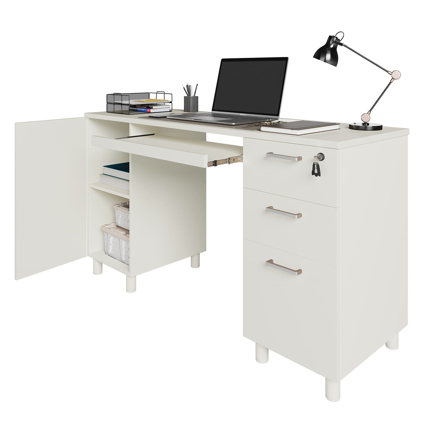 Modern Design Venice Computer Office Desk with 3 Locking Drawers and Storage Cabinet, 53 Inch Home and Office Executive White Desk with Keyboard Tray by Crafts and Comfort