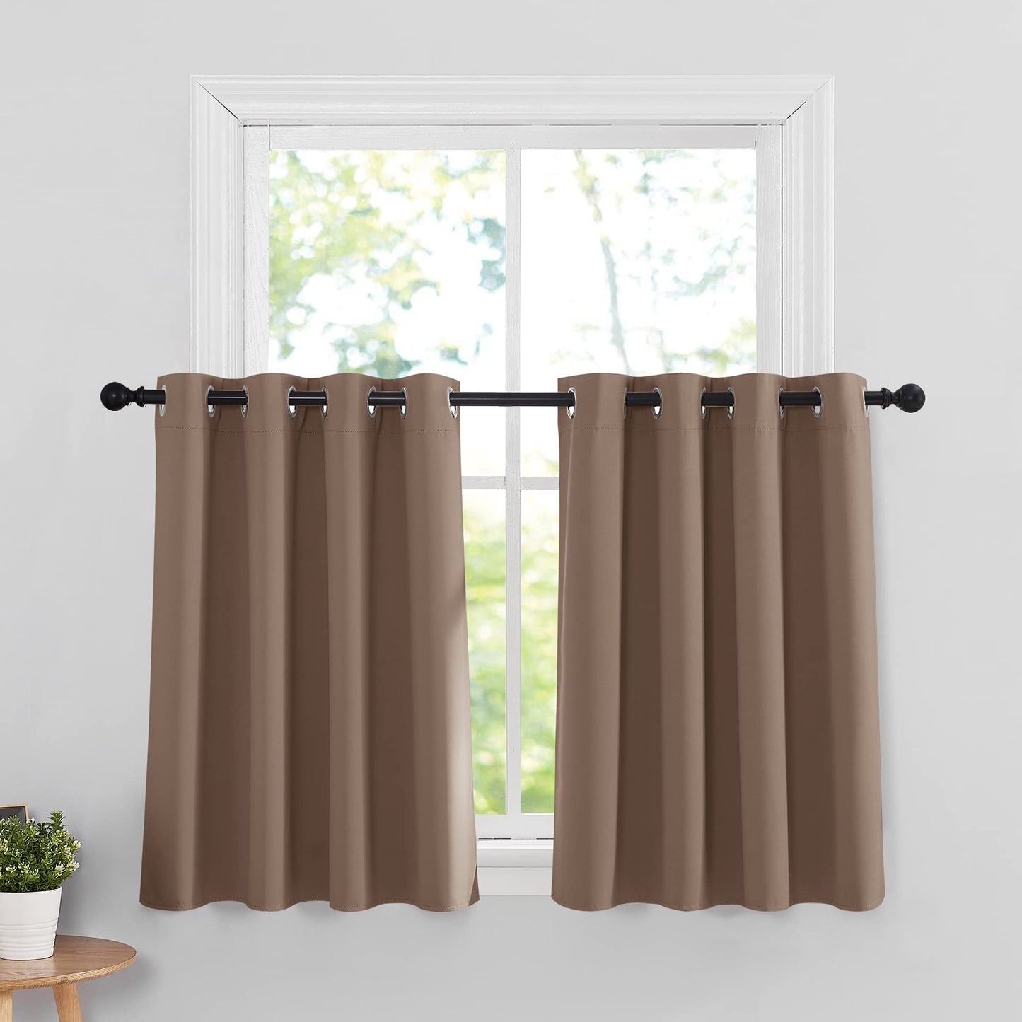 RYB HOME Short Curtains Blackout for Small Windows, Grommet Top Tiers Valance Set for Bath Window Shades for Office/Loft/Kitchen Cabinet/Coffee, 52-inch Wide x 36-inch Long, Mocha, 1 Pair