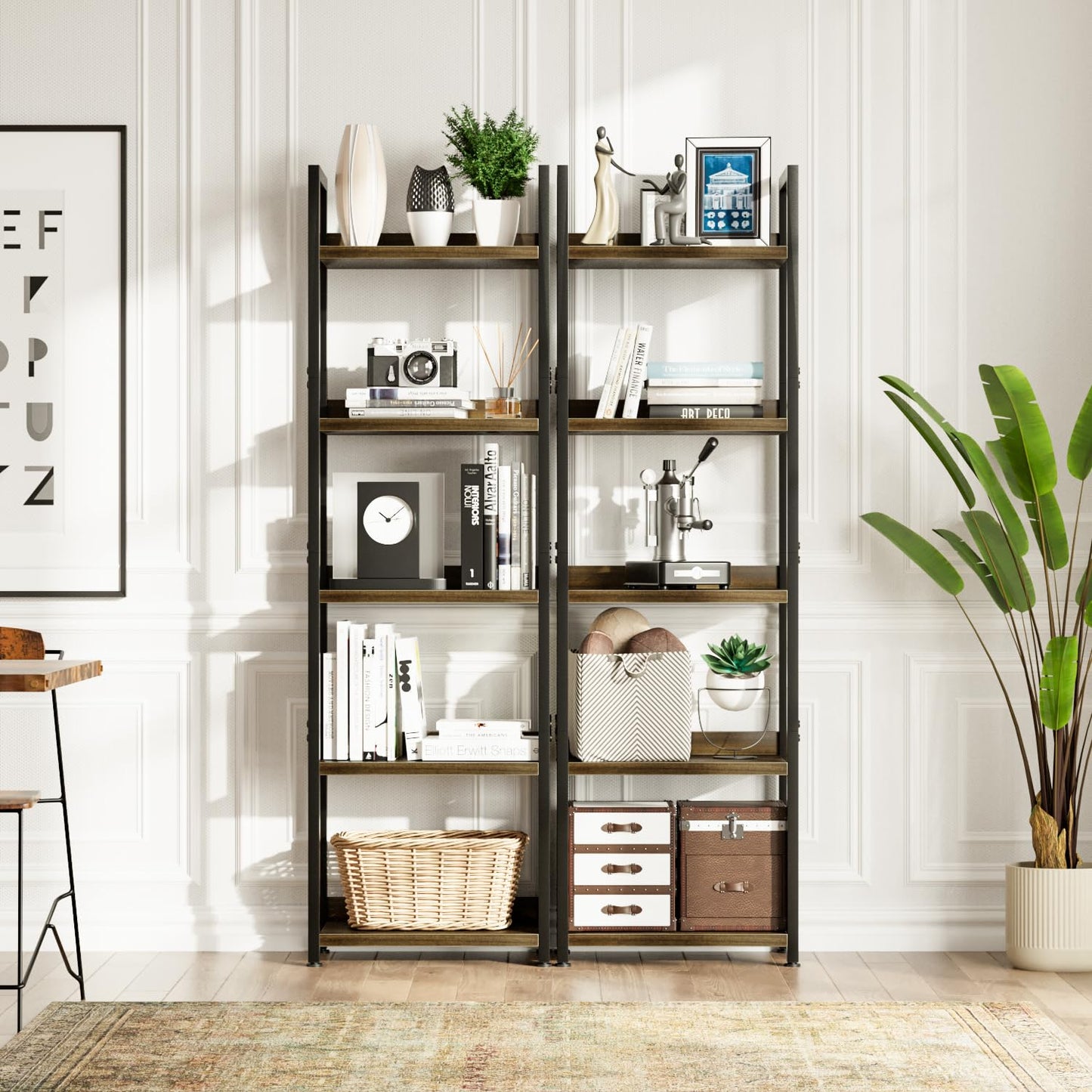 NUMENN Narrow Bookshelf, 5 Tier Bookshelves, Home Office Bookcase Shelf Storage Organizer, Free Standing Storage Shelving Unit for Bedroom, Living Room and Home Office, Dark Walnut