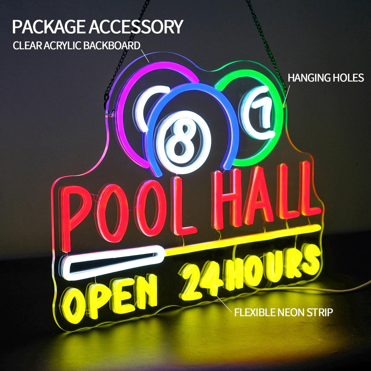 Runalosa Pool Hall Open 24 Hours Neon Sign Dimmable Billiards Neon Light Sign for Wall Decor Snooker Led Signs for Home Bar Game Room Party Man Cave Club Business Decor Gift for Man 16.5" x 12.3"