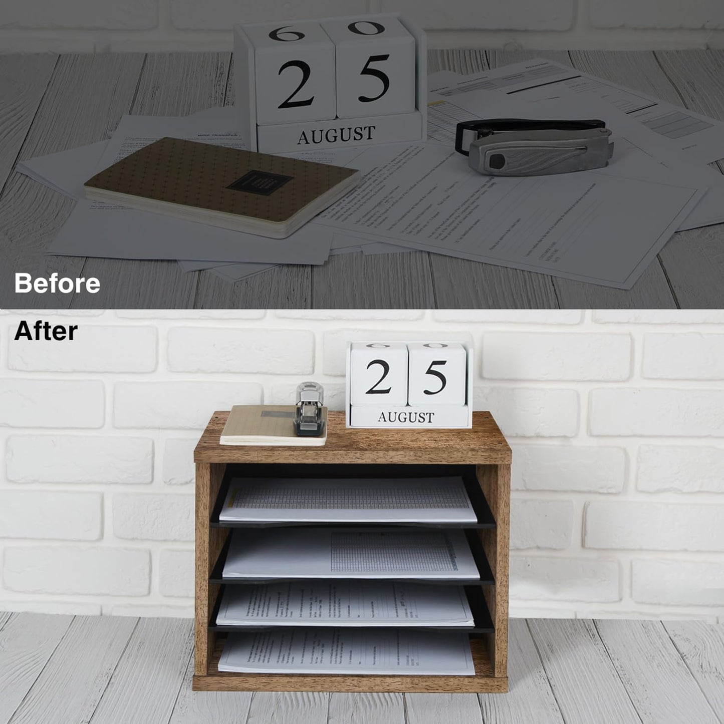 J JACKCUBE DESIGN Rustic Wood Desk Organizer 4 Compartment Paper File Holder for Home and Office, Document Storage, File sorter, Mail and Letter Tray- MK560A