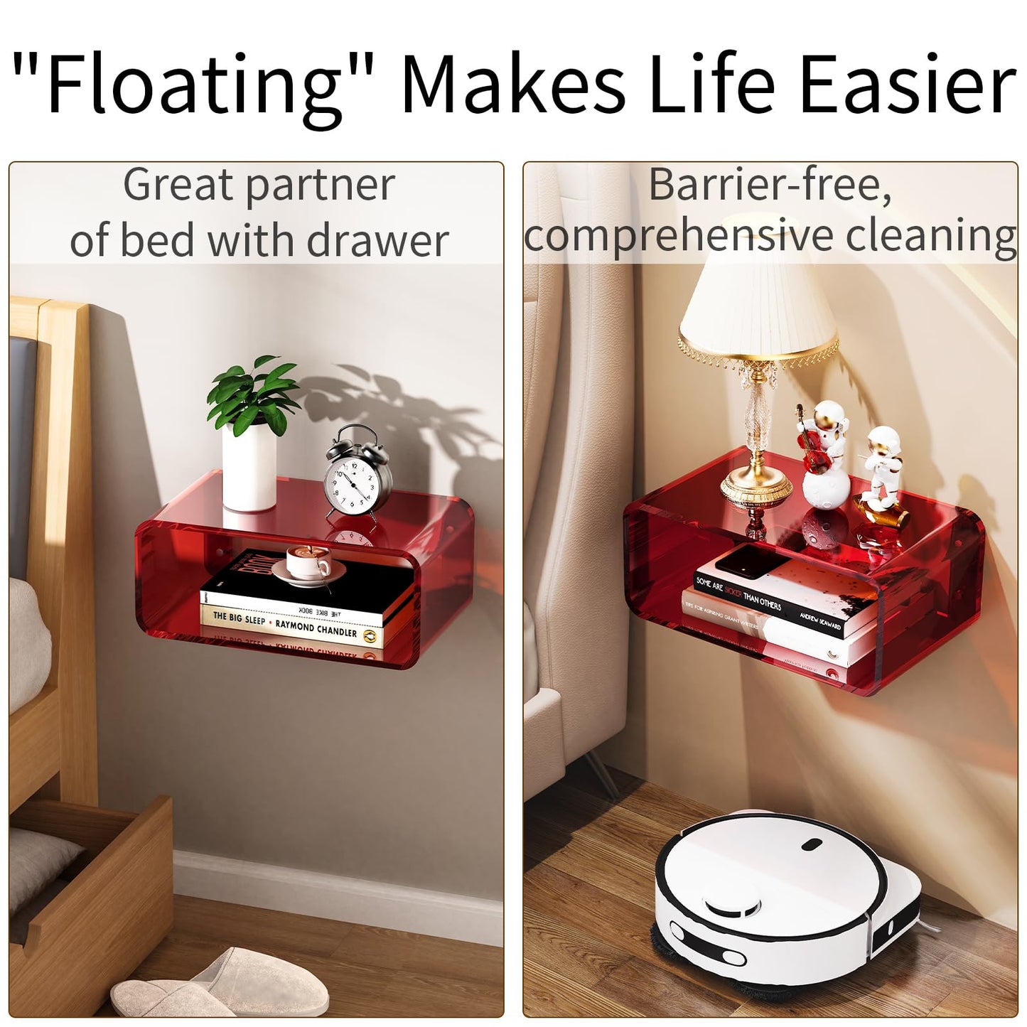 Acrylic Floating Nightstand, Bedside Table, Nightstand Shelf Wall Mounted Bedside Shelf (Red, Small)