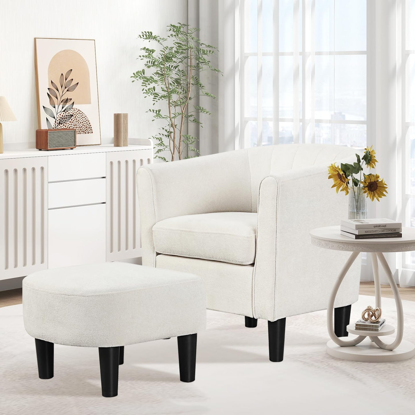 KOMFOTT Accent Chair with Ottoman, Upholstered Teddy Velvet Barrel Chair with Footrest, Comfy Club Sofa with Curved Backrest, Thick Seat Cushion, Modern Arm Chair for Living Room, Bedroom, Beige
