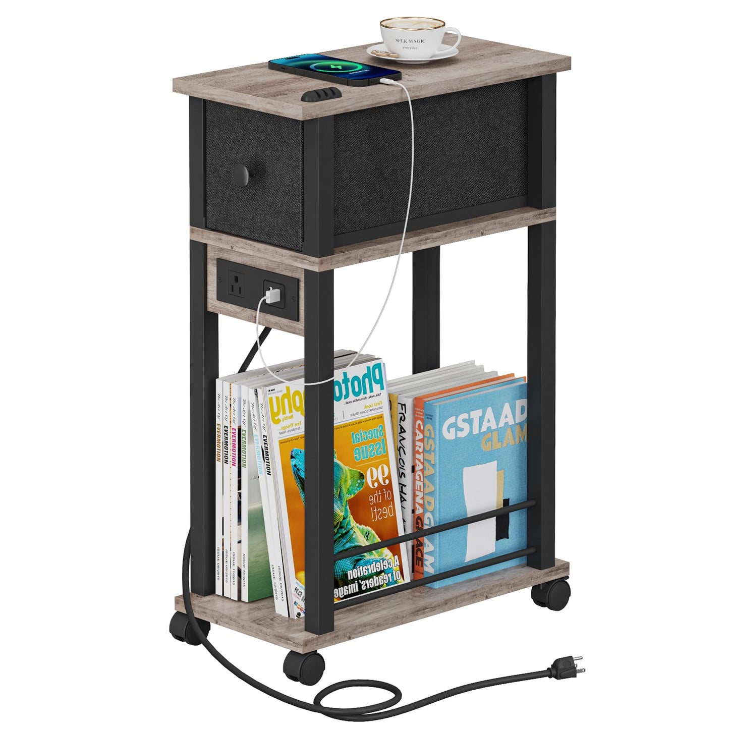 DGSANDGO Narrow Side Table (1PC) - Grey & Black Two-Tone End Table with Charging Station Drawer & 4 Wheels, Personalized Mobile Storage Nightstand for Bedroom Living Room (1 AC + 2 USB Ports)