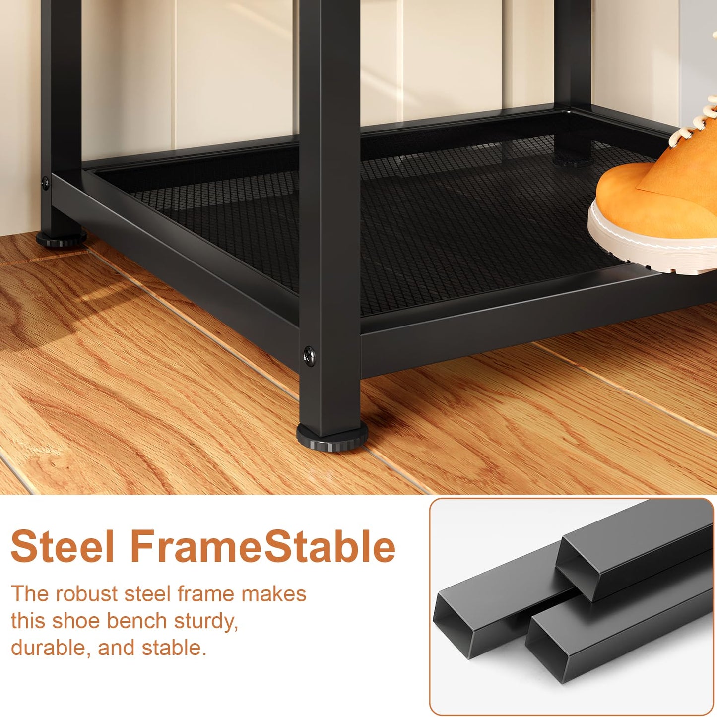 Small Shoe Storage Bench with PU Leather Seat Cushion, 3-Tier Freestanding Shoe Rack Organizer for Entryway, Heavy-Duty Metal Mesh Shelves, Supports Up to 300 lbs, Brown (15.7"x11.4"x17.5")