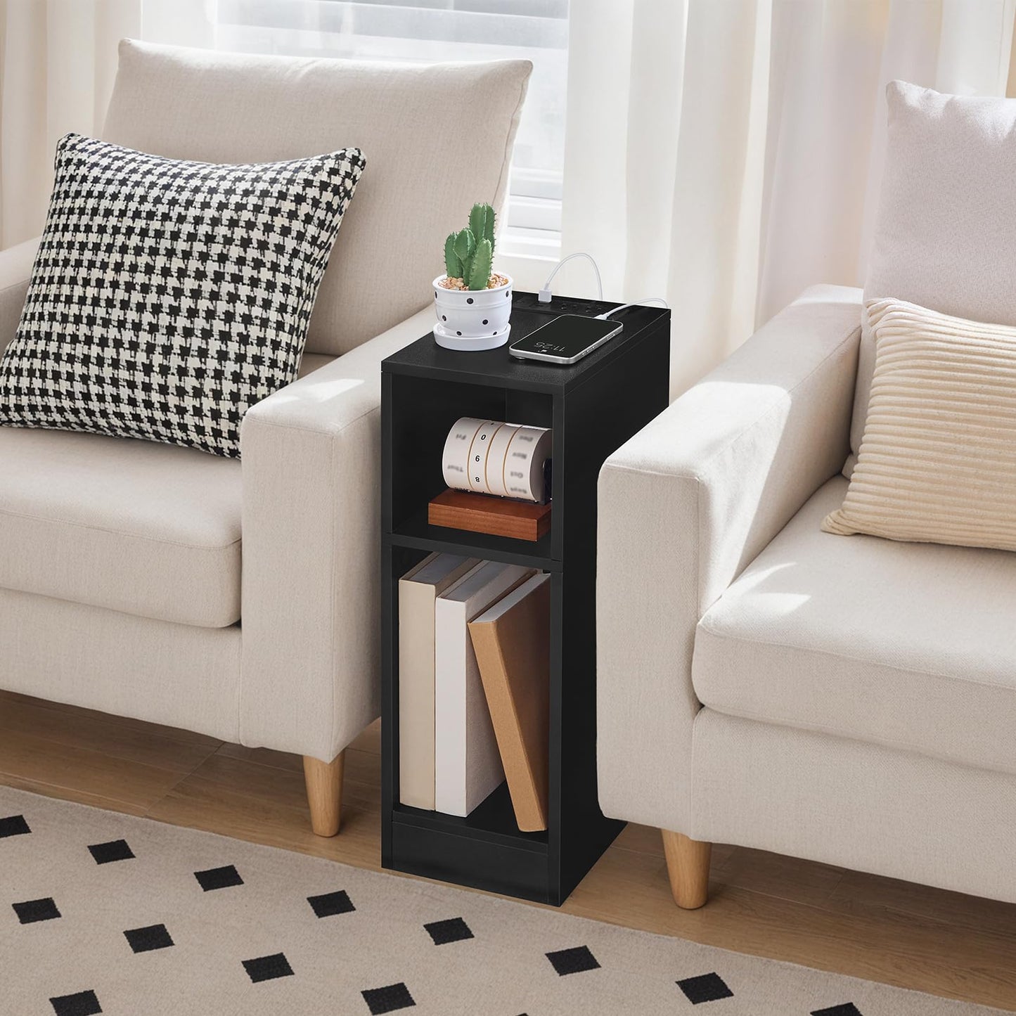 MAHANCRIS Narrow Nightstand, Narrow End Table with Charging Station, Skinny Bedside Table for Small Spaces, Mid Century Modern Night Stand for Bedroom, Living Room, Black ETBK30E01