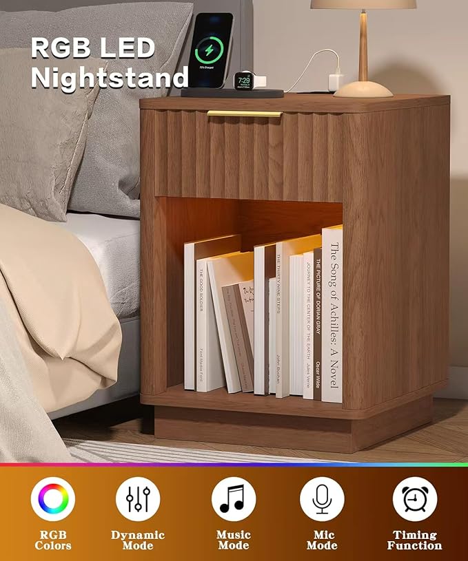 Akxomel Fluted Nightstand, Wooden Night Stand
