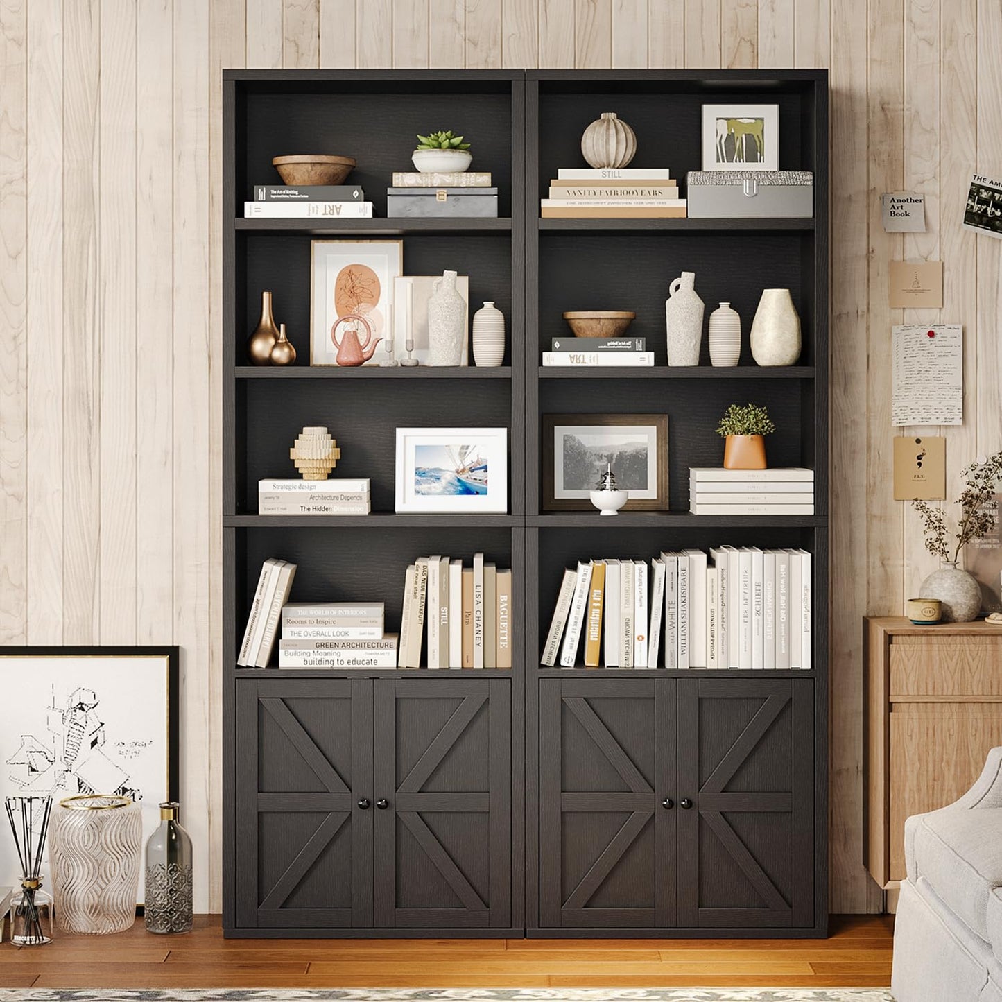 MXV 6-Tier Bookshelf and Bookcase Set of 2, Wooden Bookshelves with Cabinet Doors, Floor Bookshelves and Office Storage Cabinets for Home Office, Living Room (Black 2 Pack, 6-Tier)