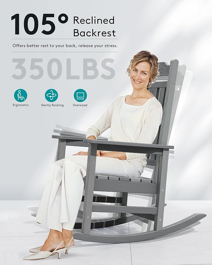 SERWALL Oversized Outdoor Rocking Chair, All Weather Patio Rocking Chair