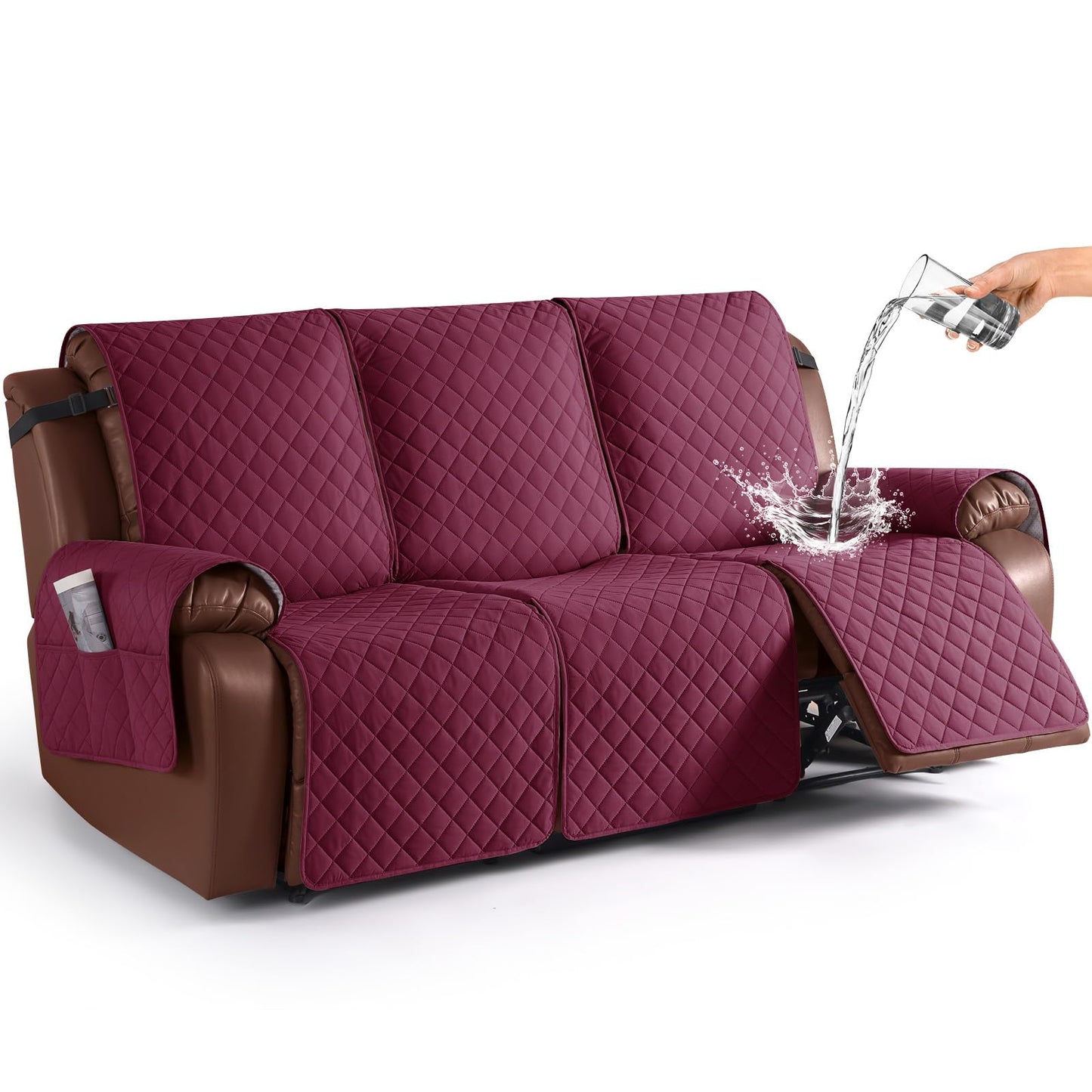 KinCam Recliner Sofa Covers for 3 Seat, 100% Waterproof Reclining Couch Covers, Non-Slip Recliner Couch Cover Furniture Protector with Elastic Straps for Pets, Kids, Burgundy