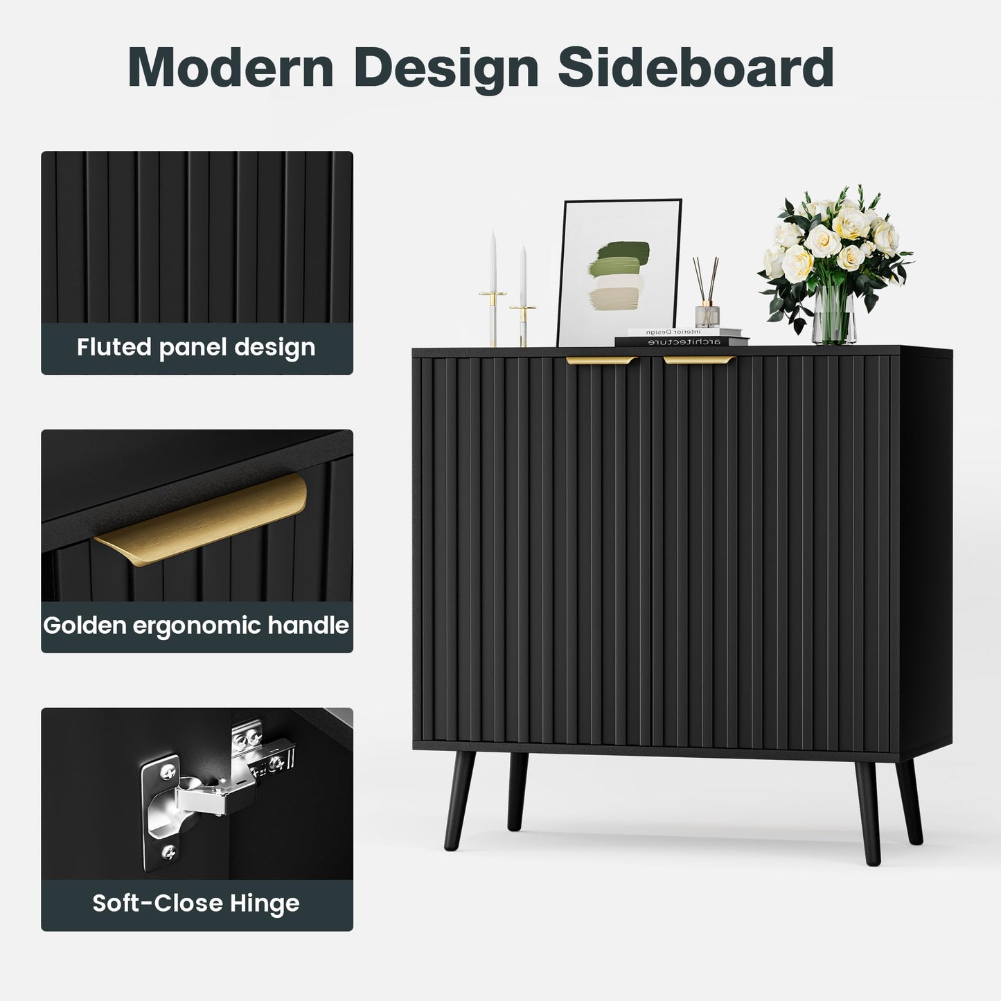 Vrullu Fluted Storage Cabinet, Black Sideboard and Buffet Storage with Adjustable Shelf, Wood Accent Cabinet for Living Room, Hallway, Entryway, Dining Room (1, Black+Gold)