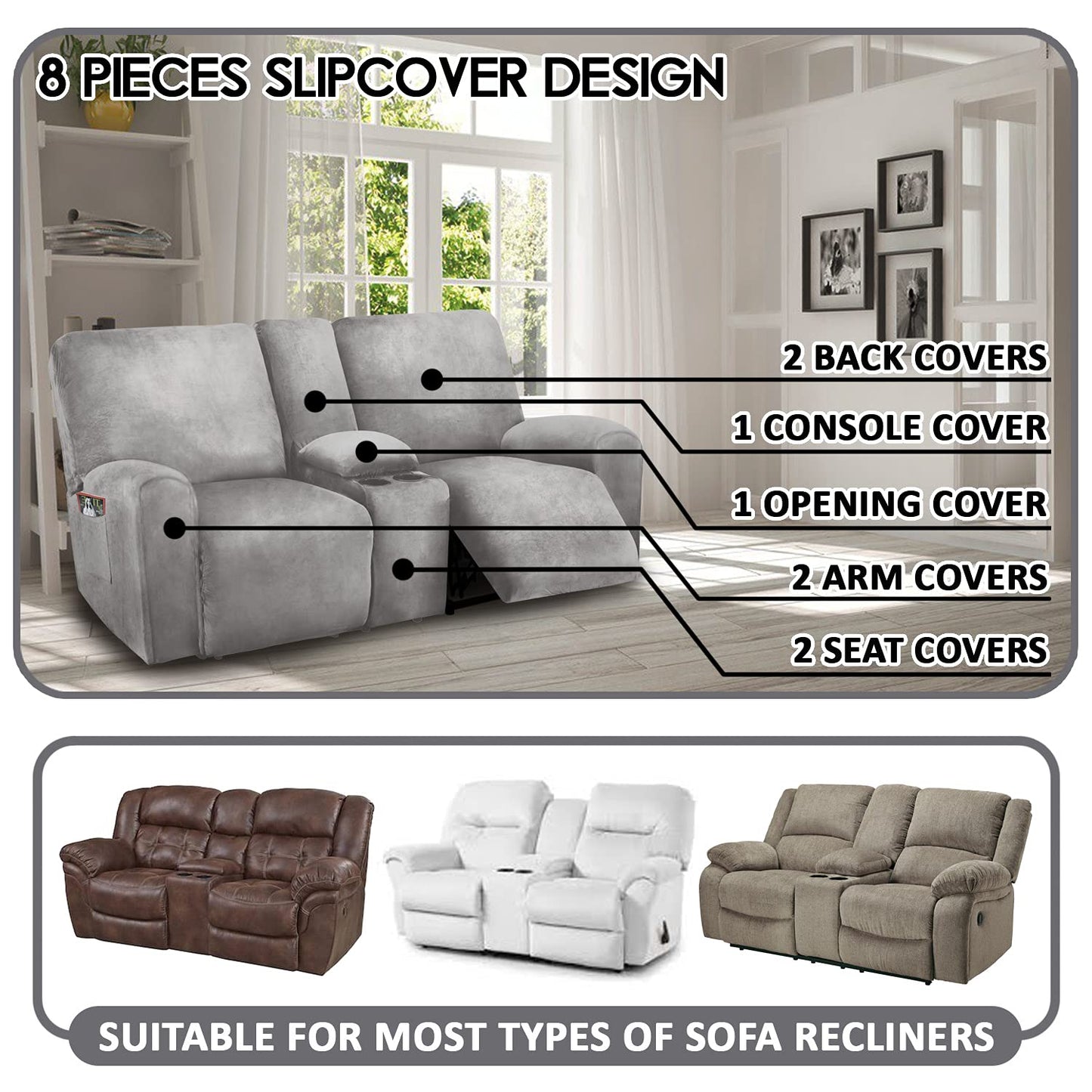 Reclining Love Seat with Middle Console Slipcover, 8-Piece Velvet Stretch Loveseat Reclining Sofa Covers, 2 seat Loveseat Recliner Cover, Thick, Soft, Washable, Loveseat Slipcovers (Light Grey)