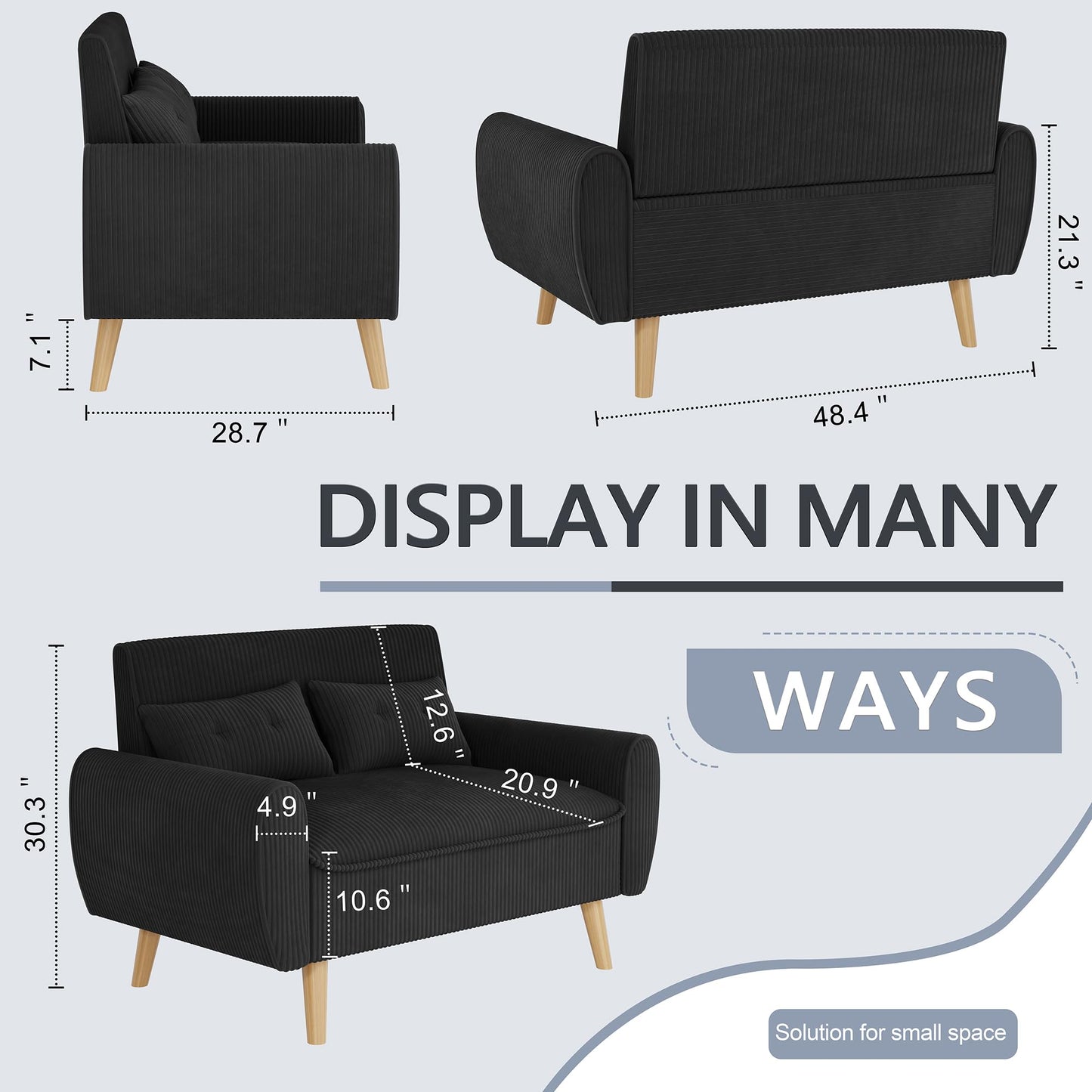 Shintenchi 48'' Loveseat Sofa, Mid-Century Modern Upholstered Couch Deep Seat with 2 Pillows, 10" Thick Cushion with Spring, Solid Wood Frame Small Couch for Living Room, Dorms & Office, Black