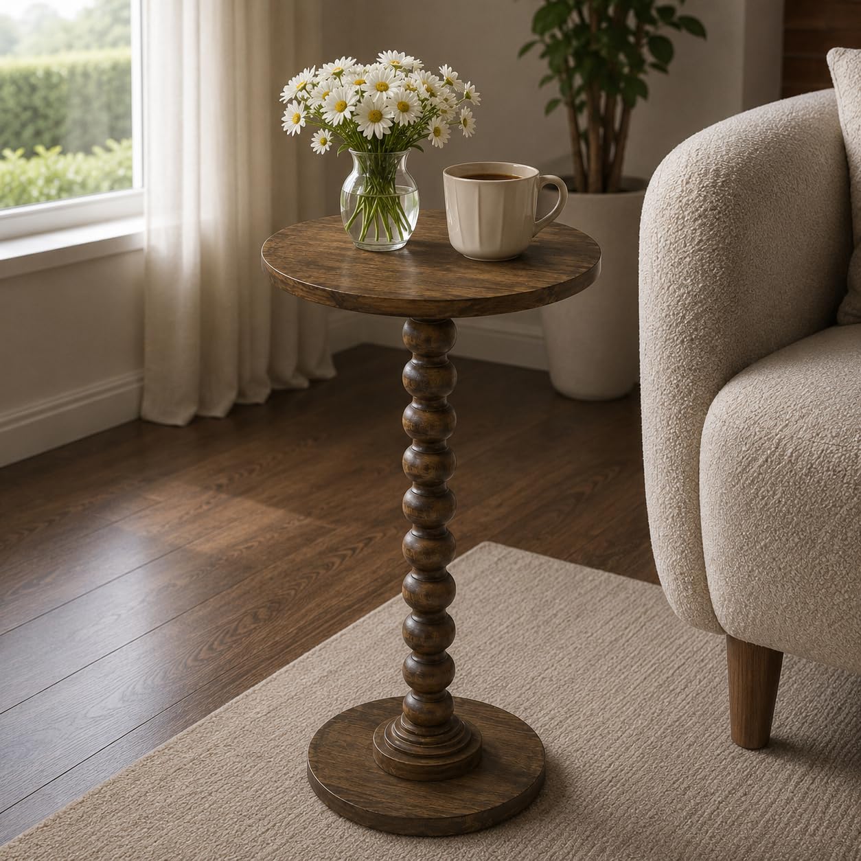 LIVINGNISH Solid Wood Round Side Table for Living Room, Bedroom and Office — Handcrafted End Table, Bedside Nightstand, Accent Table for Small Spaces with Tool-Free Assembly (Rustic Walnut)