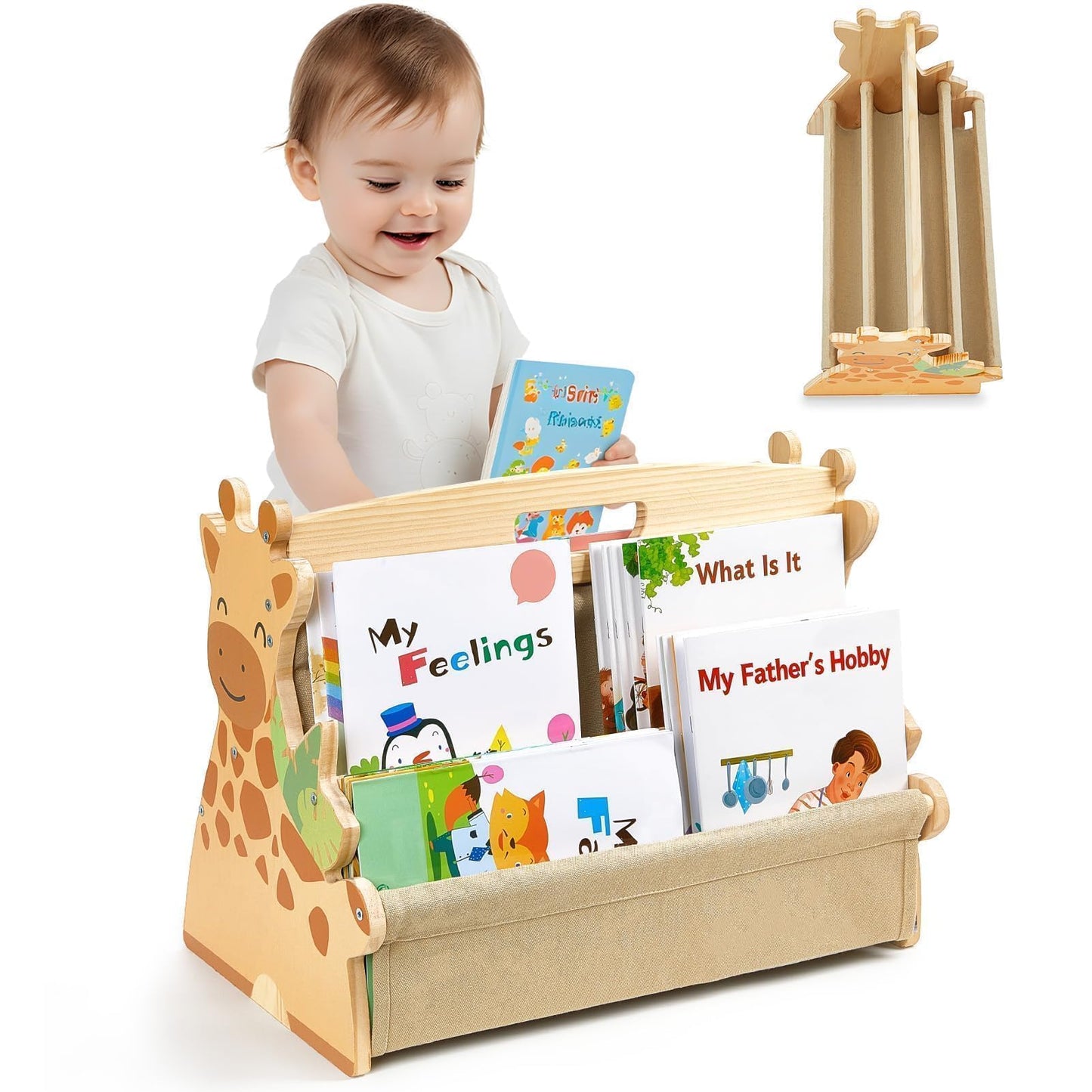SheSeek Toddler Bookshelf Double-Sided with 4 Tier Deep Sleeves Kids Wooden Montessori Book Rack for Baby Nursery Room, Playroom, Classroom or Bedroom Bookcase Storage Organizer, Light Wood Giraffe