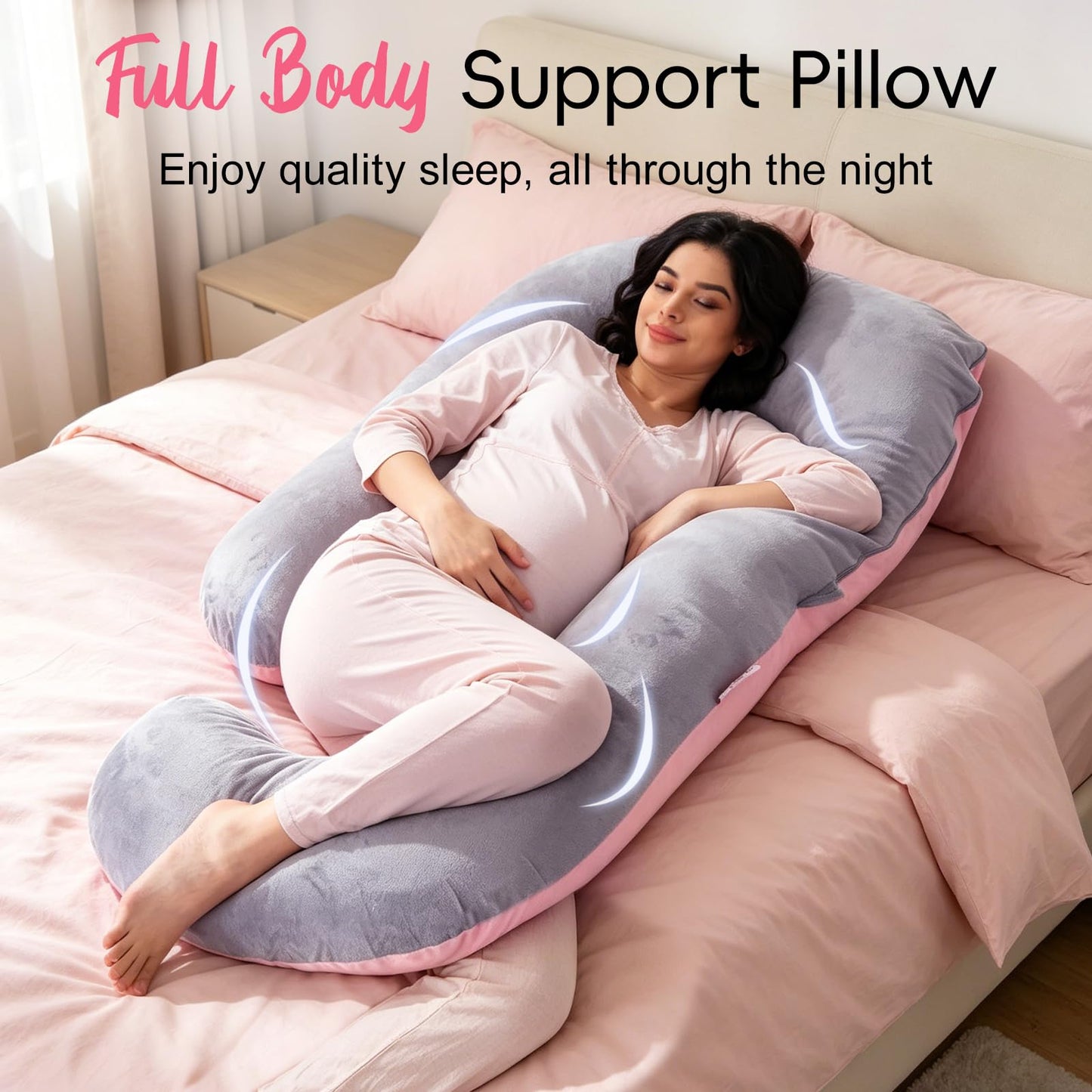 EZMOM Pregnancy Pillow for Sleeping, Soft 57“ Full Body Maternity Pillow, U Shaped with Removable Washable Cover, Support for Back, Belly, Leg, Hip, Neck & Shoulder (Pink & Grey)