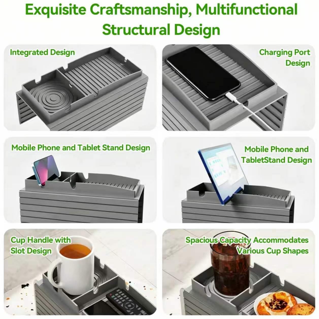 Couch Cup Holder Tray, Featuring Waterproof, Non-Slip, Durable, and Easy-to-Clean Properties. Its Adjustable Width Makes it Suitable for Sofa armrests of Various Sizes(Grey)