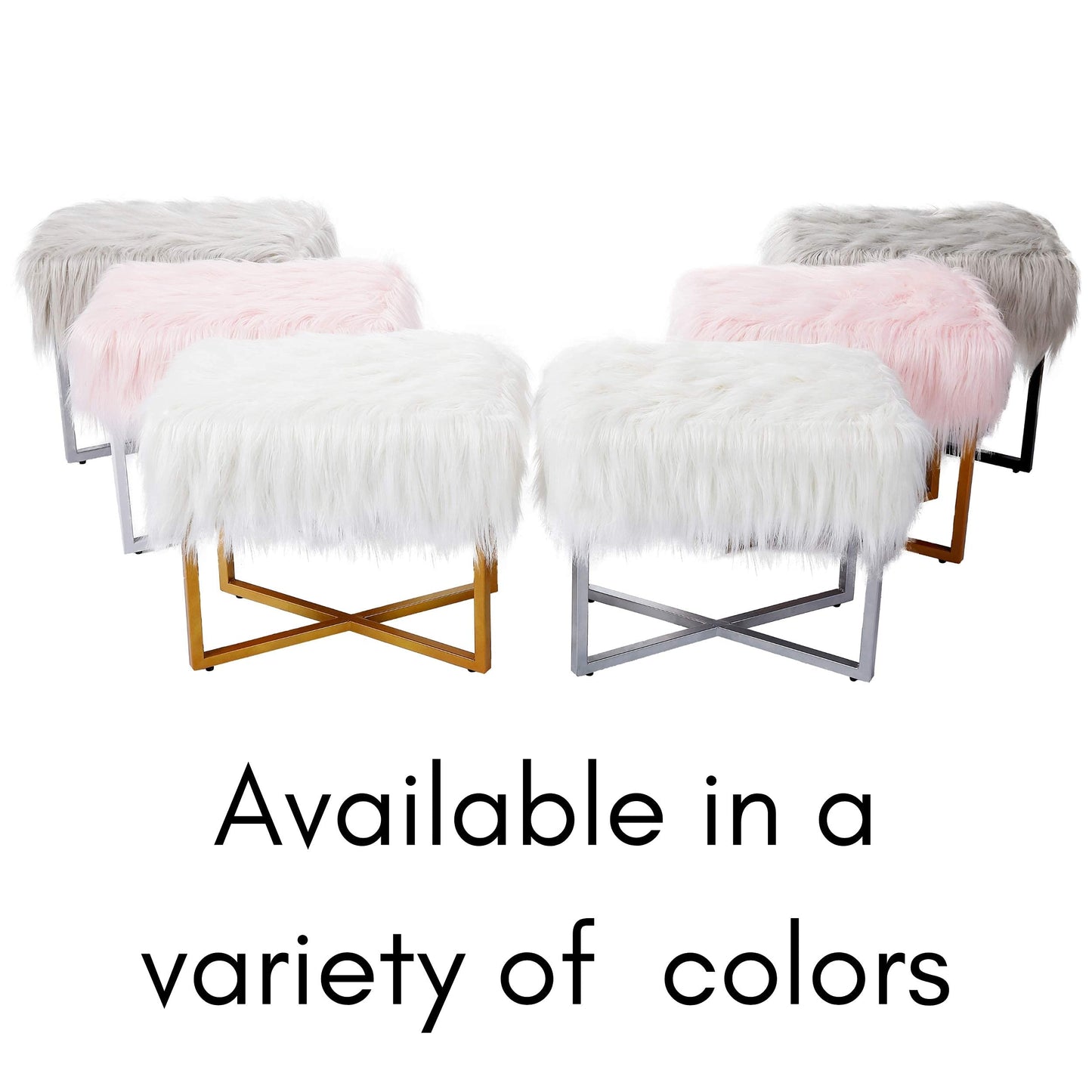 BIRDROCK HOME Rectangular Faux Fur Vanity Foot Stool Ottoman with Metal Legs - Small Soft Padded and Fluffy Makeup Seat or Foot Rest for Bedroom, Desk, or Dressing Table (Gray and Silver)
