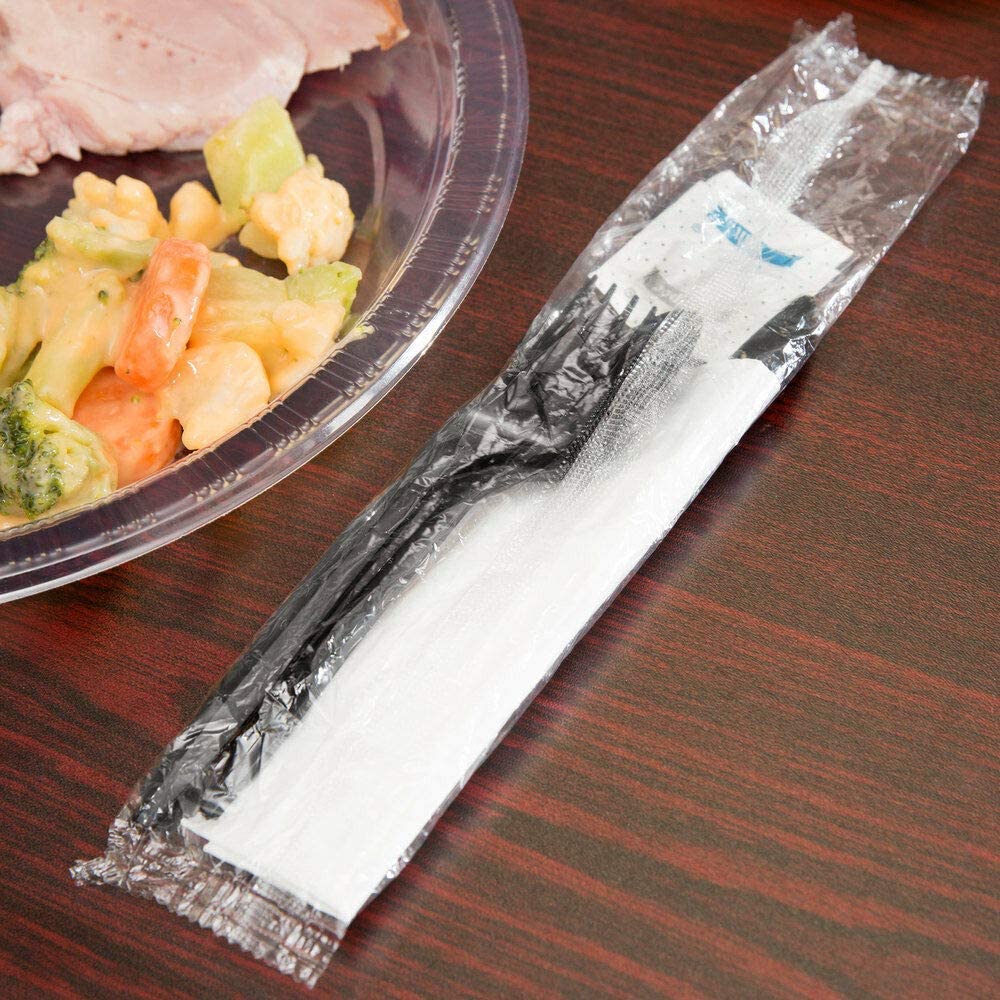 Supellectilem 250 Plastic Cutlery Packets-Knife Fork Spoon Napkin Salt Pepper Sets|Black Silverware Sets Individually Wrapped Kits, Utensil Set Disposable Bulk To Go, 250-BCP-KFSSP