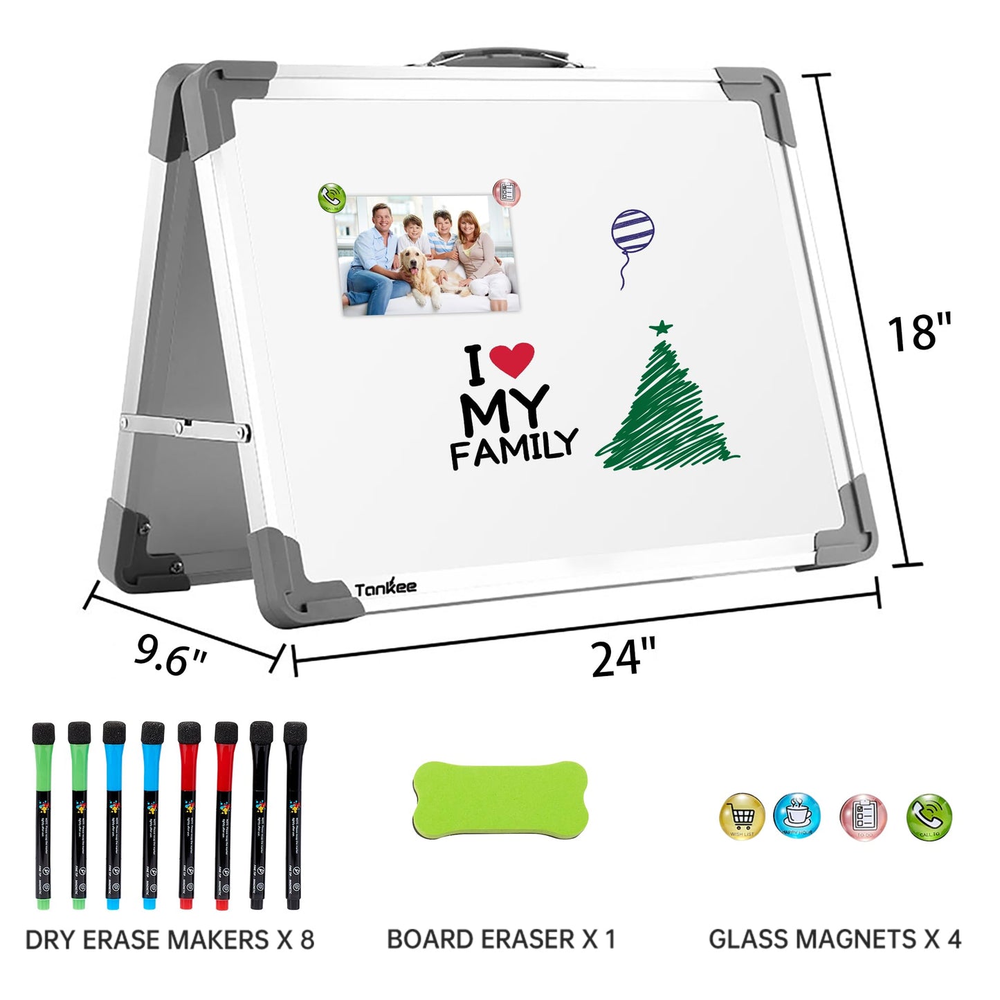TANKEE Whiteboard 18x24 Inches Double Sided Magnetic Dry Erase Board with Stand, Foldable Desktop Tabletop White Board Easel Portable Whiteboard for Classroom Homeschooling Home Office School Teacher