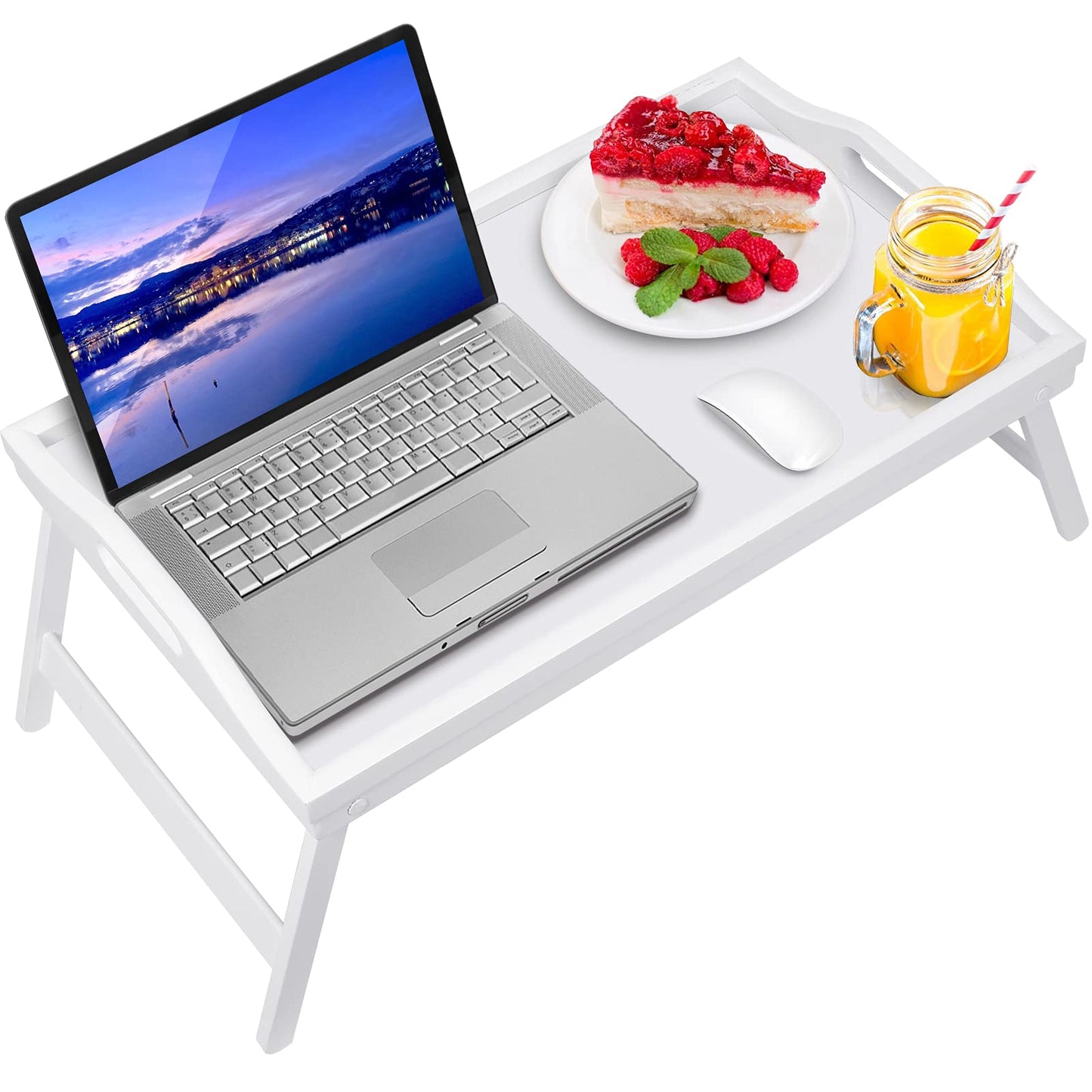 Bed Tray Table Bamboo Breakfast Food Tray with Folding Legs Kitchen Platters Serving Plate for Bed TV Table Desk Laptop Computer（White Large）